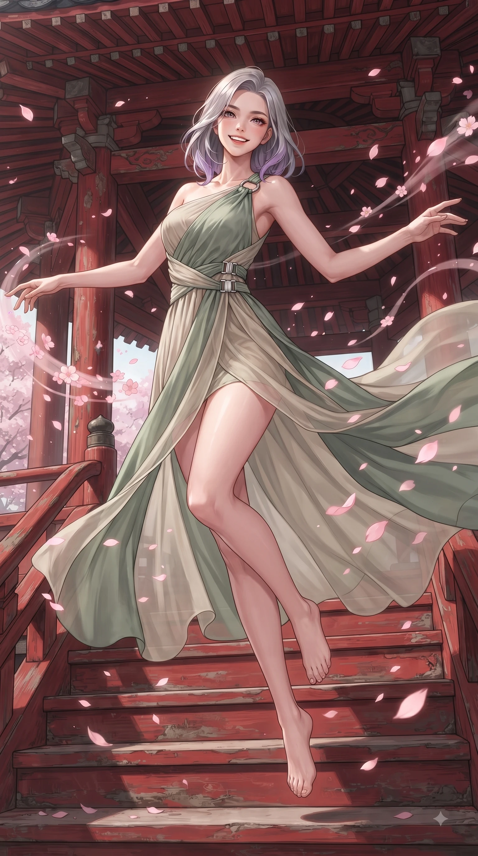 score_9, masterpiece, best quality, ultra-detailed, high-budget anime keyframe, editorial fashion photography, tasteful artistic composition, Caucasian woman. low angle full-body shot from head to toe showing her feet, filling the entire 9:16 vertical frame with her statuesque presence, stretching her vertical silhouette. performing a cheerful mid-air rotation with flawless poise, her radiant smile capturing pure happy energy while pivoting gracefully on the steps of a traditional red wooden pavilion with a warm smile, floating pink petals drifting around her in dynamic, cheerful wind currents. She has an absolutely perfect, statuesque 8.5-heads proportion, an exceptionally tall and slender model-like female figure with impossibly long slender legs and an ultra-slim waist. sharp v-shaped jawline, high-bridge nose, intricate jewel-like eyes with depth, thick eyelashes, glossy lips with a natural sheen, flawlessly proportioned anatomical accuracy, natural body alignment, perfectly sculpted elegant limbs, clean dynamic posture without body distortion. wearing an asymmetrical Grecian draped chiffon gown with a metallic shoulder ring in sage green and oatmeal, woven from fine semi-opaque sheer organza, detailed with polished silver buckles along the waistline, the tailored fabric tightly following every curve of her athletic build. surrounded by a serene, uplifting spring aura with cheerful highlights. ultra-reflective glossy finish, specular highlights, metallic sheen, high-contrast stereoscopic depth, volumetric dynamic lighting, 2k, ultra detail, master piece, 9:16 ratio