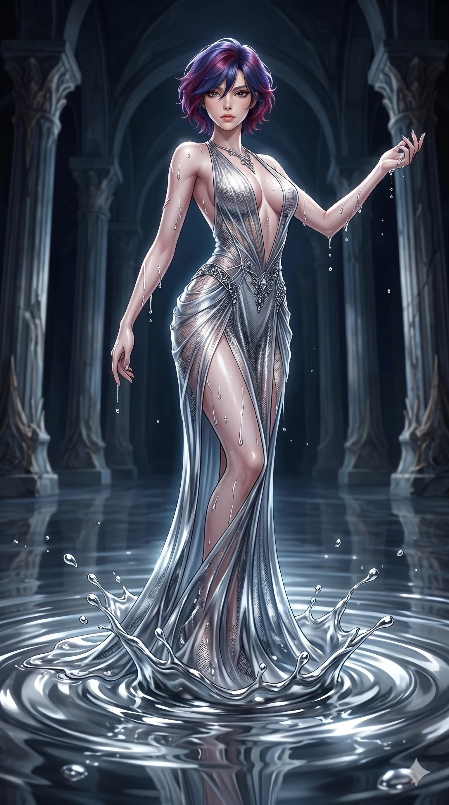 score_9, masterpiece, best quality, ultra-detailed, High-budget Anime Keyframe, East Asian woman. Dynamic full-body shot stretching the vertical silhouette to the limit. Scenario 264: Rising from a pool of mercury-like liquid, droplets rolling off her skin. Her presence is magnetic and overpowering in this high-budget anime scene. Outfit 264: A molten liquid silk micro-mesh with a plunging V-neckline and translucent layers. The clothing is designed to emphasize her exceptionally tall and slender 8-heads proportion. 8-heads proportion, towering silhouette, ultra-slim waist. sharp v-shaped jawline, intricate jewel-like eyes with depth, thick eyelashes, glossy lips. 2k, ultra detail, master piece, 9:16 ratio
