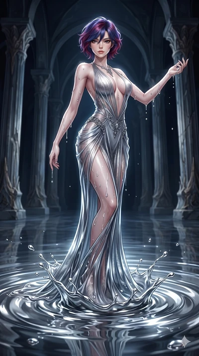 score_9, masterpiece, best quality, ultra-detailed, High-budget Anime Keyframe, East Asian woman. Dynamic full-body shot stretching the vertical silhouette to the limit. Scenario 264: Rising from a pool of mercury-like liquid, droplets rolling off he
