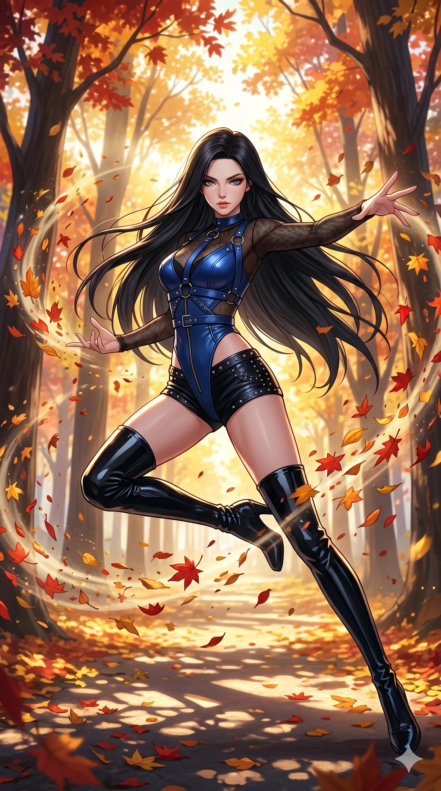 score_9, masterpiece, best quality, ultra-detailed, High-budget Anime Keyframe, beautiful Caucasian anime girl (strictly human ears). Dynamic full-body shot stretching the vertical silhouette with her statuesque presence. Summoning a whirlwind of colorful leaves in a quiet park filled with autumn trees. She has an absolutely perfect 8-heads proportion, an exceptionally tall and slender female figure with impossibly long slender legs and an ultra-slim waist. Sharp v-shaped jawline, high-bridge nose, intricate jewel-like eyes with depth, thick eyelashes, glossy lips with a natural sheen. Wearing a K-Idol Stage outfit: sapphire leather harness over mesh, high-cut bodysuit, studded micro-shorts, thigh-high patent boots. Background is a bright and colorful environment with cinematic lighting, dynamic particle effects, and high-contrast shadows. 2k, ultra detail, master piece, 9:16 ratio