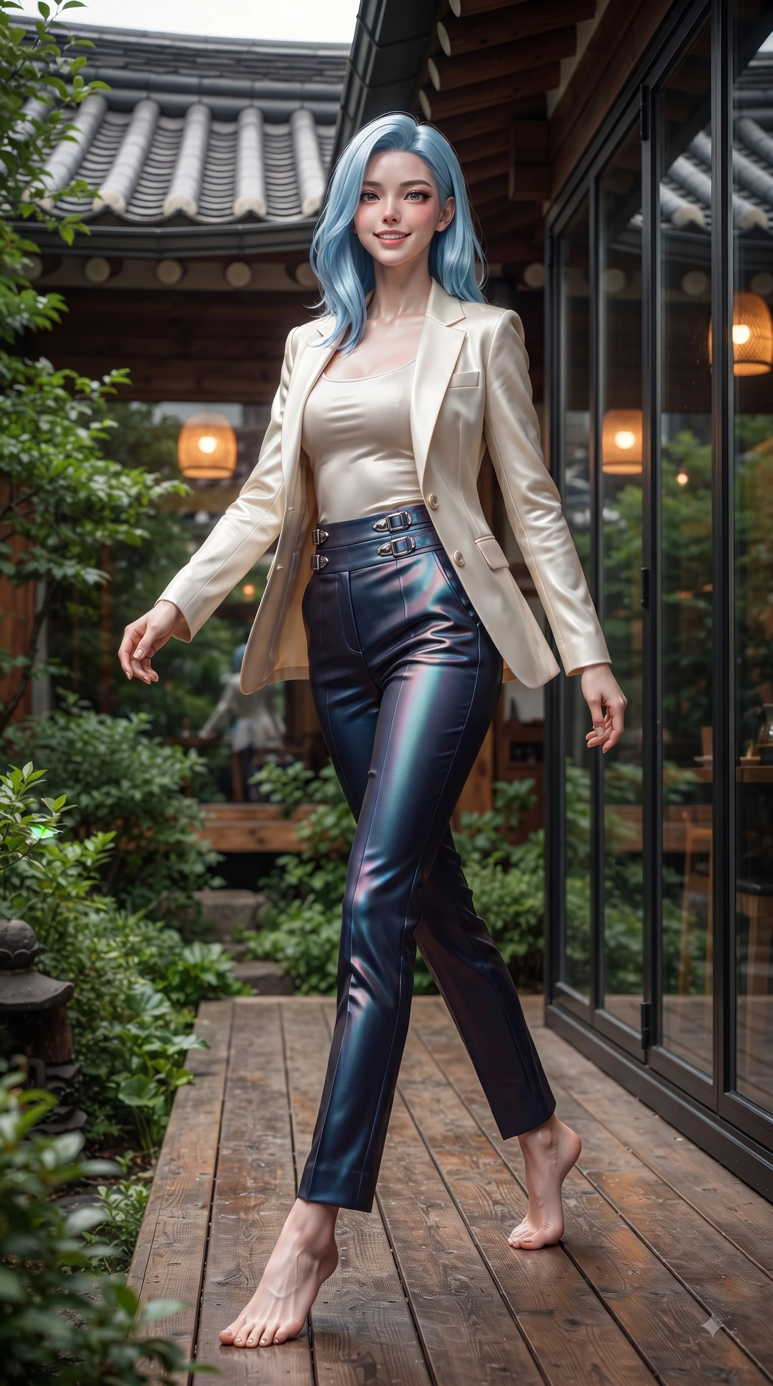 score_9, masterpiece, best quality, ultra-detailed, high-budget anime keyframe, editorial fashion photography, tasteful artistic composition, Korean woman. low angle full-body shot from head to toe showing her feet, filling the entire 9:16 vertical frame with her statuesque presence, stretching her vertical silhouette. forging dynamically through the scene with a fresh infectious smile, her ultra-slim waist creating a sweeping curve while pivoting gracefully on a secluded wooden cafe terrace enveloped by lush green garden foliage, traditional Hanok clay roof tiles and modern glass windows framing the background. She has an absolutely perfect, statuesque 8.5-heads proportion, an exceptionally tall and slender model-like female figure with impossibly long slender legs and an ultra-slim waist. sharp v-shaped jawline, high-bridge nose, intricate jewel-like eyes with depth, thick eyelashes, glossy lips with a natural sheen, flawlessly proportioned anatomical accuracy, natural body alignment, perfectly sculpted elegant limbs, clean dynamic posture without body distortion. wearing a tailored cream silk blazer over a form-contouring scoop-neck top and slacks in midnight navy blue and chrome trim, crafted from iridescent chiffon that shifts colors in the light, detailed with polished silver buckles along the waistline, the sleek second-skin texture accentuating her magnetic presence. illuminated by soft glowing amber indoor lamps and gentle greenery reflections. ultra-reflective glossy finish, specular highlights, metallic sheen, high-contrast stereoscopic depth, volumetric dynamic lighting, 2k, ultra detail, master piece, 9:16 ratio
