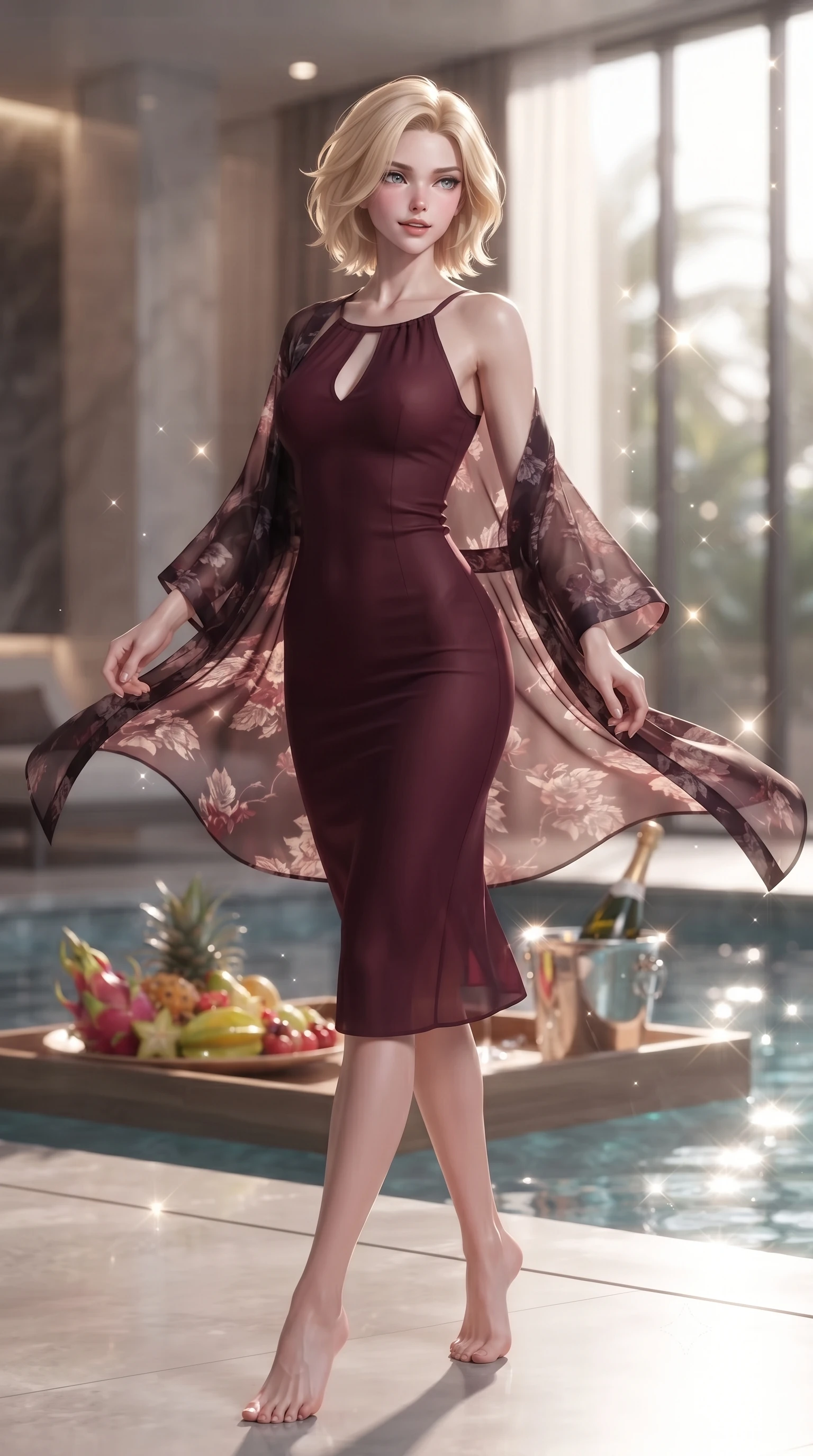 score_9, masterpiece, best quality, ultra-detailed, high-budget anime keyframe, editorial fashion photography, tasteful artistic composition, Caucasian woman. low angle full-body shot from head to toe showing her feet, filling the entire 9:16 vertical frame with her statuesque presence, stretching her vertical silhouette. twirling slowly with a sensual half-smile, letting her silky robe billow gently to reveal her elegant leg line set against a soft-focus background of inside an exclusive cocktail lounge with a floating pool tray of tropical fruits and chilled wine in soft focus. She has an absolutely perfect, statuesque 8.5-heads proportion, an exceptionally tall and slender model-like female figure with impossibly long slender legs and an ultra-slim waist. sharp v-shaped jawline, high-bridge nose, intricate jewel-like eyes with depth, thick eyelashes, glossy lips with a natural sheen. wearing tailored deep burgundy semi-opaque chiffon body-hugging knit midi dress with a tasteful keyhole neckline cutout and thin shoulder straps featuring refined tailored seams. lit by crisp morning sun rays creating sparkling glints on polished glass and water. highly saturated vibrant anime colors, detailed shading with soft gradients, rich glossy textures, high-contrast stereoscopic depth, volumetric dynamic lighting, master piece, 9:16 ratio