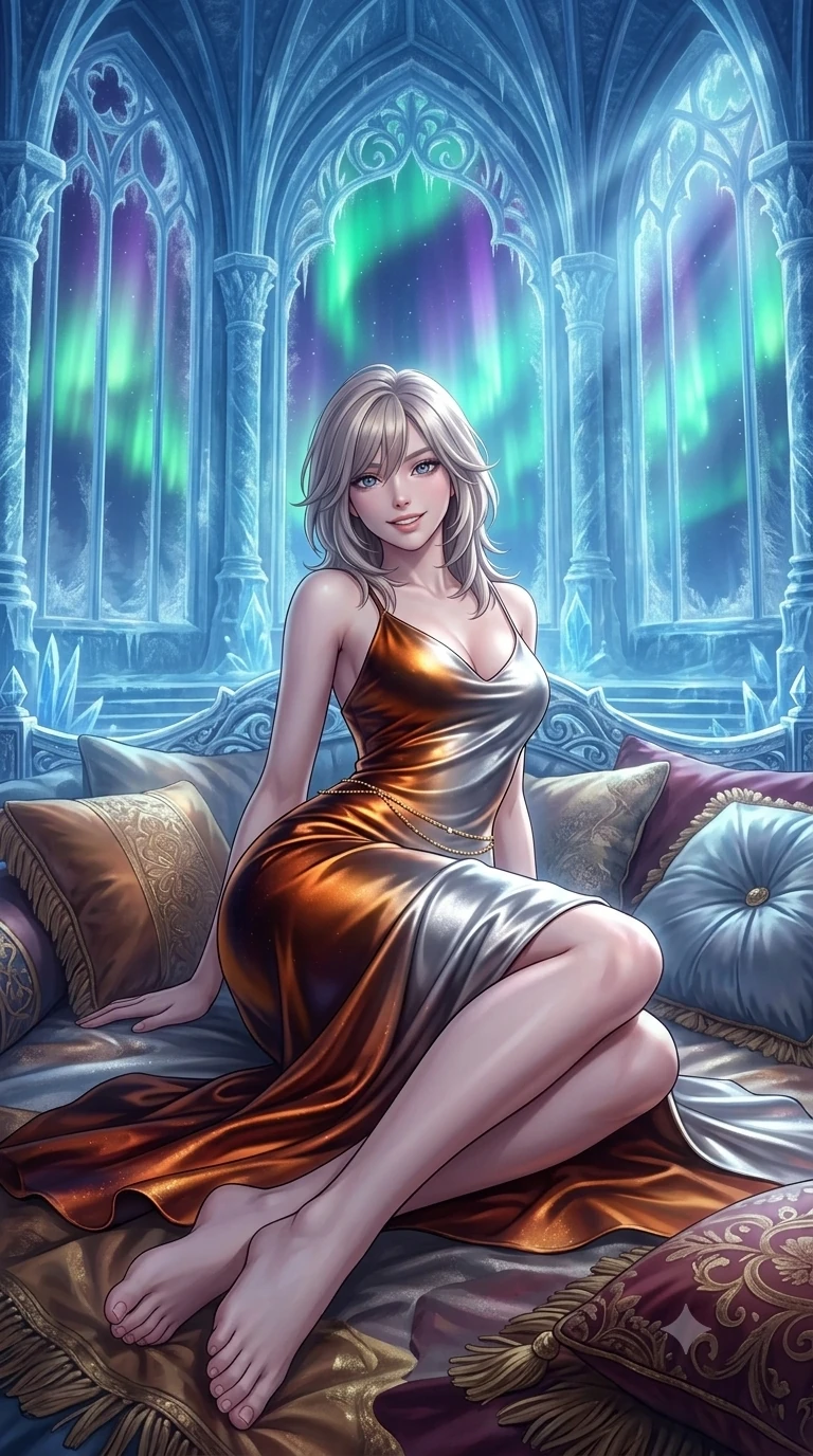 score_9, masterpiece, best quality, ultra-detailed, high-budget anime keyframe, semi-realistic 3D game render, editorial fashion photography, tasteful artistic composition, Japanese woman. low angle full-body shot from head to toe showing her feet, filling the entire 9:16 vertical frame with her statuesque presence, stretching her vertical silhouette. lounging on the lavish daybed with legs crossed and hips angled toward the camera, displaying her toned midriff and long slender limbs with effortless siren poise while twisting her slender torso in an alluring S-curve, celestial green and violet auroral waves playing across her flat midriff and hourglass curves. The surrounding environment is rendered in vivid detail and crisp panoramic clarity: detailed anime styling, glossy highlights, and royal glacial palace architecture in high resolution. She has an exceptionally tall and slender model-like 8.5-heads proportion, an ultra-slim waist, a flat toned midriff, narrow delicate ribcage, and beautifully sculpted feminine hips creating a graceful, slim hourglass silhouette without any bulky heaviness, with impossibly long slender legs. sharp v-shaped jawline, high-bridge nose, intricate jewel-like sparkling eyes with depth, thick eyelashes, glossy parted lips with a natural peach sheen, bright cheerful beaming smile with an enchanting and coquettish sensual glint, exuding both youthful cute charm and seductive allure, flawlessly proportioned anatomical accuracy, strict slender model proportions, natural body alignment, perfectly sculpted long slender limbs, ultra-slim waistline, clean dynamic posture without body distortion. wearing a sculpted liquid satin bias-cut slip dress tailored with contouring seams that adhere flawlessly over her curves in cosmic eclipse amber and starlight diamond, made of fluid liquid jersey with seamless sculpting hold and smooth contours, accented with a dainty gold belly chain resting across her flat midriff and curving hips, the glove-like clinging cut tightly following the natural contour of her hips and long slender legs with youthful 8.5-heads elegance. bathed in the natural undulating luminescence of polar auroras mixed with cool opera stage uplighting. highly saturated vibrant anime colors, detailed shading with soft gradients, rich glossy textures, high-contrast stereoscopic depth, volumetric dynamic lighting, master piece, 9:16 ratio