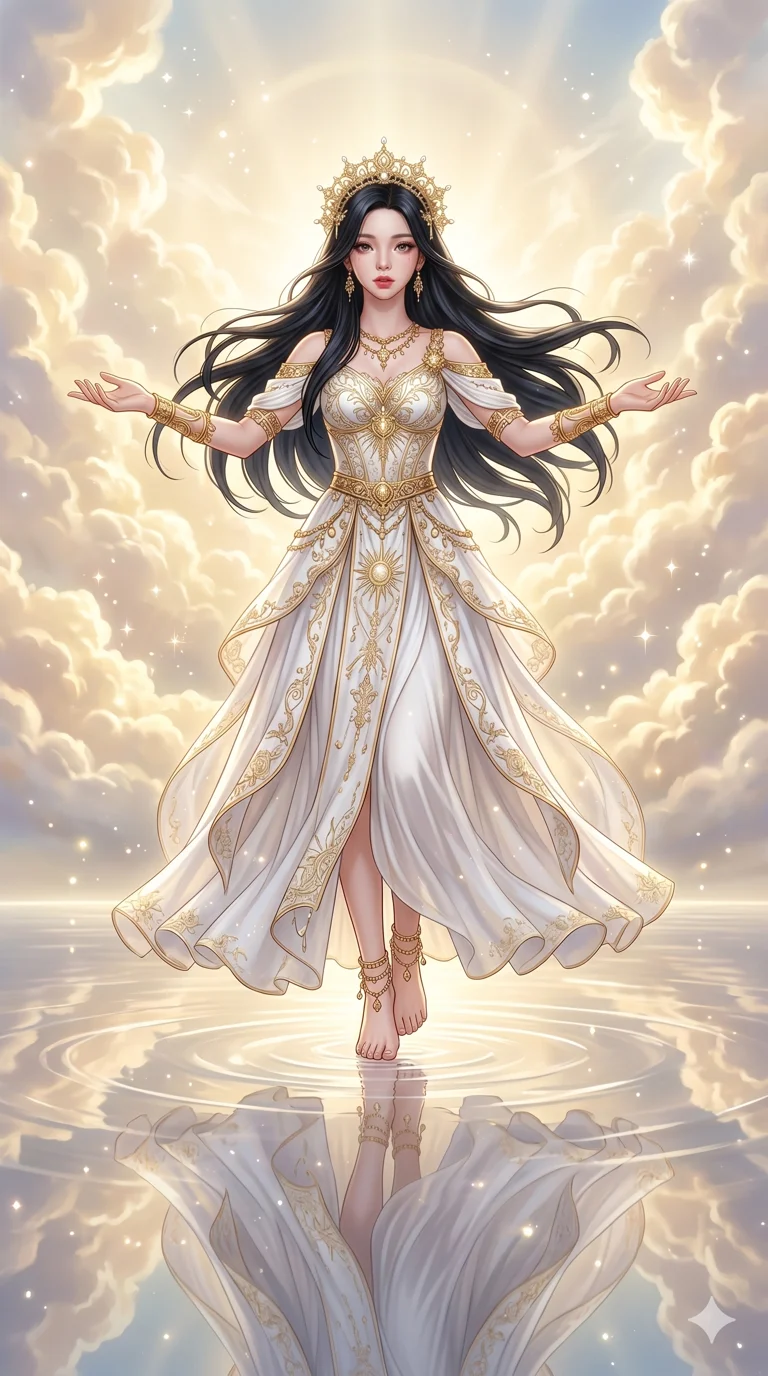 score_9, score_8_up, score_7_up, source_anime, masterpiece, best quality, ultra-detailed, same character with long flowing black hair, wearing an elaborate white goddess gown with gold accessories, full body shot standing barefoot on a mirror-like water surface with arms outstretched, ethereal heavenly realm, golden clouds, divine light, 2k, 9:16 ratio