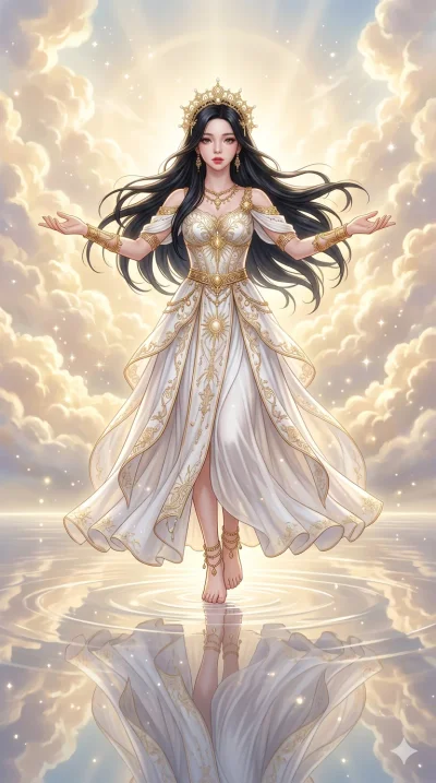 score_9, score_8_up, score_7_up, source_anime, masterpiece, best quality, ultra-detailed, same character with long flowing black hair, wearing an elaborate white goddess gown with gold accessories, full body shot standing barefoot on a mirror-like wa