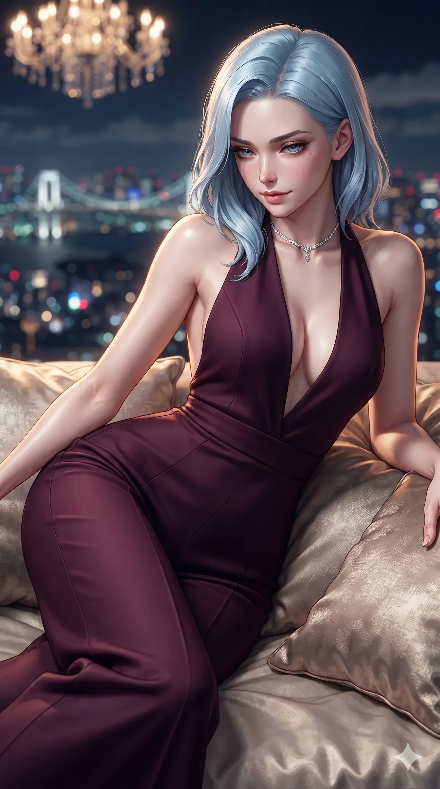 score_9, masterpiece, best quality, ultra-detailed, high-budget anime keyframe, editorial fashion photography, tasteful artistic composition, Korean woman. close-up cowboy shot from the waist and thighs up, the character dominates the composition, filling the frame with her large presence. glancing down over lowered lashes before meeting the camera with quiet, devastating intensity, her tailored outfit tracing her ultra-slim waist and hips while twisting her slender torso in an alluring S-curve across plush silk cushions, city lights reflecting off her flat midriff and hips. The background shows a soft-focus infinite carpet of Tokyo city lights, distant harbor bridges, and low midnight clouds blurred into topaz, ruby, and sapphire bokeh. She has an exceptionally elegant, slender, and willowy female figure with an ultra-slim waist, flat toned midriff, narrow ribcage, and sculpted feminine hips creating an alluring, slim hourglass silhouette without bulk. sharp v-shaped jawline, high-bridge nose, intricate jewel-like dark sparkling eyes with dangerous depth, thick curled eyelashes, glossy parted lips with a rich wine sheen, smoldering seductive half-smile with bedroom-eyes, exuding effortless superiority and intoxicating dark allure, flawlessly proportioned anatomical accuracy, strict slender model proportions, natural body alignment, perfectly sculpted long slender limbs, ultra-slim waistline, clean dynamic posture without body distortion. wearing a plunge-front tailored velvet halter jumpsuit with wide fluid legs and backless scoop in dark mulberry wine and antique champagne, tailored from fine lightweight midnight wool crepe with crisp architectural structure, finished with a delicate diamond choker catching the chandelier light, the form-contouring cut accentuating her sculpted flat midriff, narrow delicate ribcage, and gracefully curvy hips with intoxicating allure. illuminated by city light haze bounce and sharp golden-amber rim lights defining her razor-sharp jawline, narrow waist, and curvy hips. ultra-reflective glossy finish, specular highlights, rich textural contrasts, high-contrast stereoscopic depth, volumetric dynamic lighting, 2k, ultra detail, master piece, 9:16 ratio