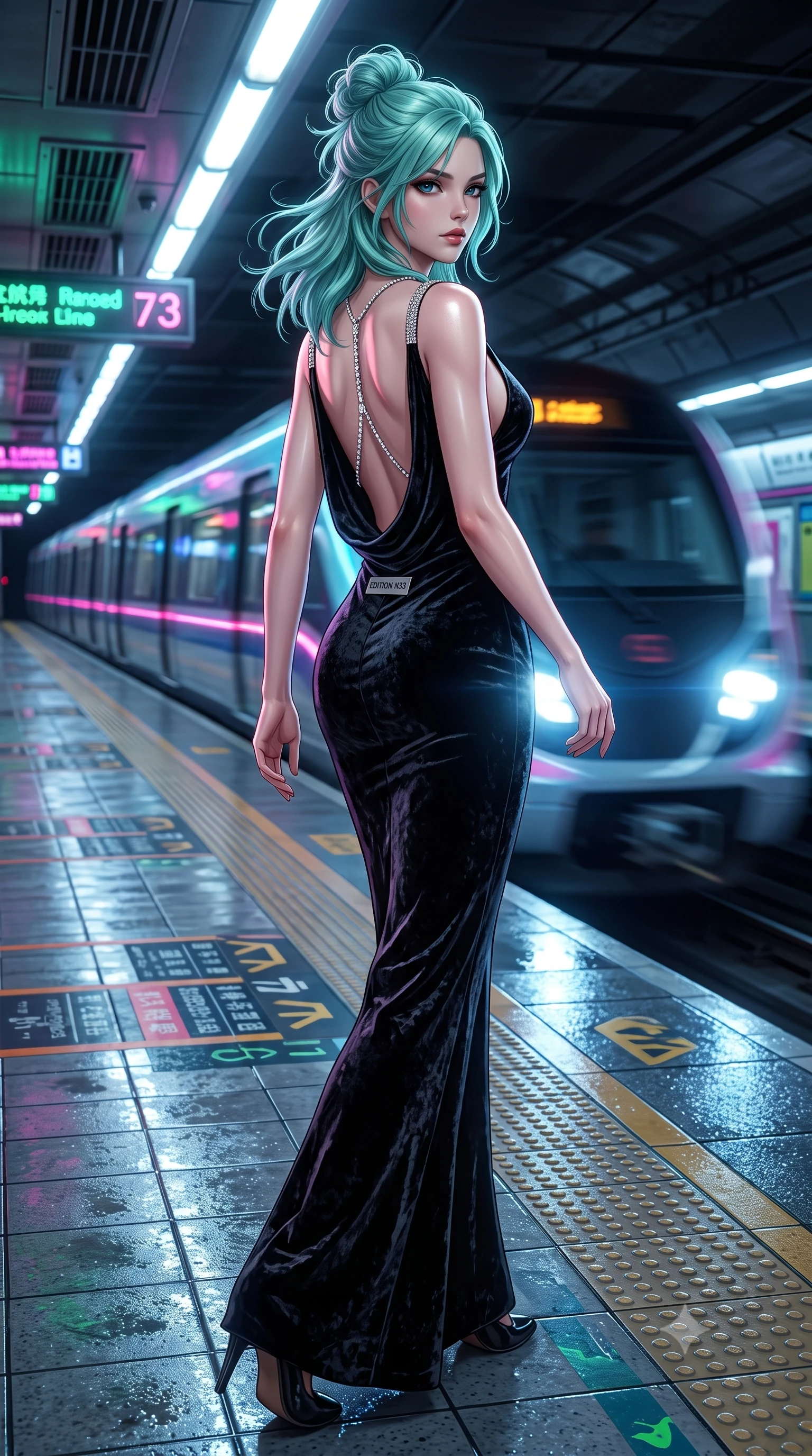 score_9, masterpiece, best quality, ultra-detailed, high-budget anime keyframe, semi-realistic 3D game render, editorial fashion photography, tasteful artistic composition, Japanese woman. low angle full-body shot from head to toe showing her feet, filling the entire 9:16 vertical frame with her statuesque presence, stretching her vertical silhouette. pivoting dynamically with supreme athletic balance and poise, her impossibly long slender legs creating a breathtaking line while pivoting sharply on the wet tiled subway platform as an incoming neon-lit maglev train rushes past in a blur of light. The surrounding environment is rendered in vivid detail and crisp panoramic clarity. detailed platform safety markings, leather harness buckles, and train headlights in high clarity. She has an absolutely perfect, statuesque 8.5-heads proportion, an exceptionally tall and slender model-like female figure with impossibly long slender legs, a toned flat midriff, and an ultra-slim waist. sharp v-shaped jawline, high-bridge nose, intricate jewel-like eyes with depth, thick eyelashes, glossy lips with a natural sheen, captivating and magnetic expression, flawlessly proportioned anatomical accuracy, strict slender model proportions, natural body alignment, perfectly sculpted long slender limbs, ultra-slim waistline, clean dynamic posture without body distortion. wearing an opulent backless black velvet evening gown with a plunging cowl back and diamond-encrusted shoulder straps in midnight black and liquid gold, crafted from heavyweight crushed silk velvet with liquid luster, accented with a glittering diamond back chain tracing her bare spine edition #33, the sleek tailored cut tightly hugging her graceful clavicle, narrow waist, and feminine curves with statuesque precision. illuminated by crisp specular highlights defining her toned flat midriff and athletic curves. highly saturated vibrant anime colors, detailed shading with soft gradients, rich glossy textures, high-contrast stereoscopic depth, volumetric dynamic lighting, master piece, 9:16 ratio