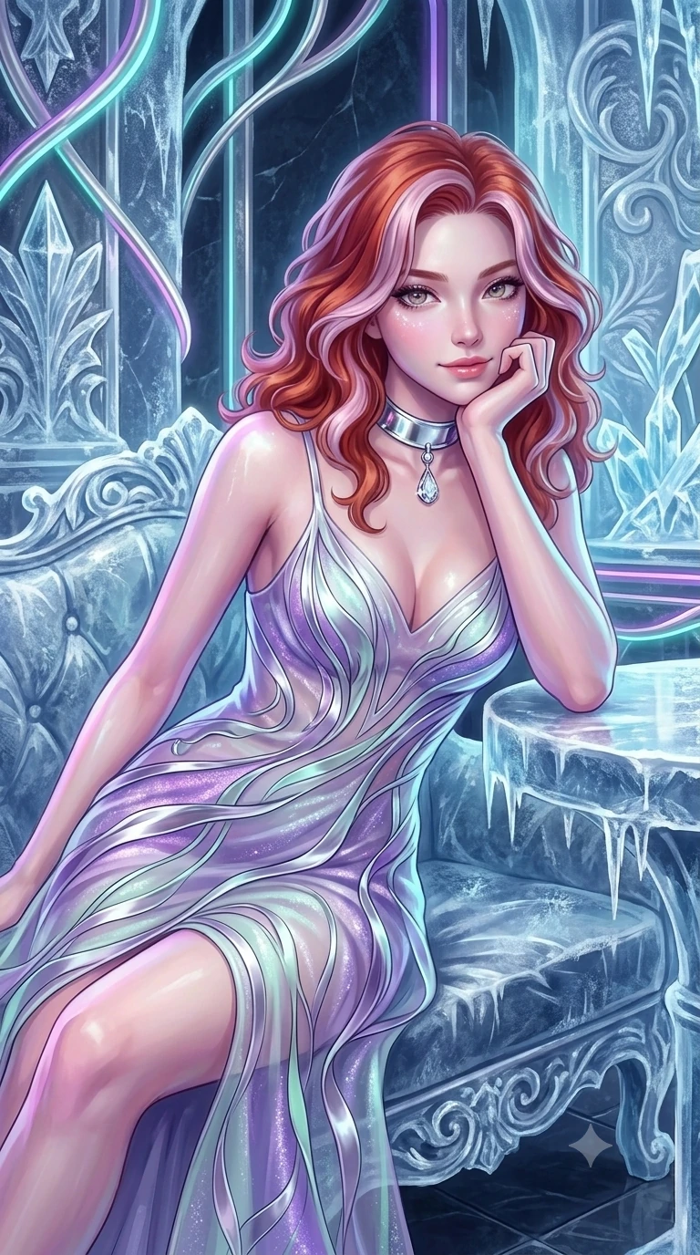 score_9, masterpiece, best quality, ultra-detailed, high-budget anime keyframe, semi-realistic 3D game render, editorial fashion photography, tasteful artistic composition, Caucasian woman. close-up cowboy shot from the waist and thighs up, the character dominates the composition, filling the frame with her large presence. resting one elbow on the table and supporting her chin, leaning close to the camera with heavy-lidded sparkling eyes and parted lips while lounging gracefully across the carved ice settee propped on one elbow with legs extended, displaying her long slender limbs and statuesque hourglass silhouette with regal anime flair. The surrounding environment is rendered in vivid detail and crisp panoramic clarity: sharp ice crystal organ fluting, frost dendrite fractures on polished stone stage, and crisp neon tube contours in deep focus. She has an exceptionally elegant, slender, and willowy female figure with an ultra-slim waist, flat toned midriff, narrow ribcage, and sculpted feminine hips creating an alluring, slim hourglass silhouette without bulk. sharp v-shaped jawline, high-bridge nose, intricate jewel-like sparkling eyes with depth, thick eyelashes, glossy parted lips with a natural peach sheen, bright cheerful beaming smile with an enchanting and coquettish sensual glint, exuding both youthful cute charm and seductive allure, flawlessly proportioned anatomical accuracy, strict slender model proportions, natural body alignment, perfectly sculpted long slender limbs, ultra-slim waistline, clean dynamic posture without body distortion. wearing a plunge-front sheer illusion tulle slip dress with liquid platinum ribbon stripes hugging her curves in phosphorescent ultraviolet amethyst and mint green, featuring strategic sheer-illusion tulle side panels framing her ribcage and hips, finished with a minimalist chrome choker and a single teardrop diamond pendant, the glove-like clinging cut tightly following the natural contour of her hips and long slender legs with youthful 8.5-heads elegance. illuminated by polished ice stage reflection bounce and sharp cyan-silver rim lights sculpting her jawline, narrow waist, and curvy hips. highly saturated vibrant anime colors, detailed shading with soft gradients, rich glossy textures, high-contrast stereoscopic depth, volumetric dynamic lighting, master piece, 9:16 ratio