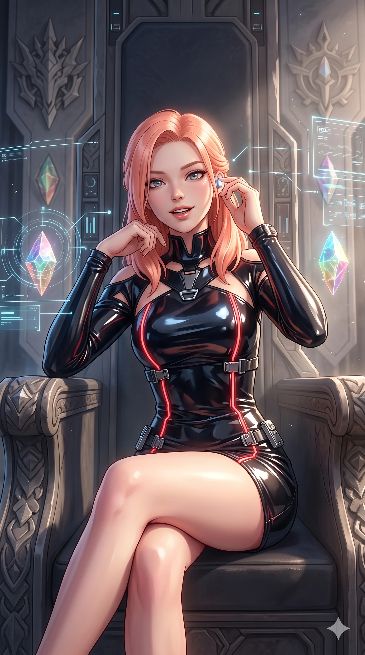 score_9, masterpiece, best quality, ultra-detailed, high-budget anime keyframe, semi-realistic 3D game render, editorial fashion photography, tasteful artistic composition, Japanese woman. close-up cowboy shot from the waist and thighs up, the character dominates the composition, filling the frame with her large presence. arching her spine with dancer poise, one hand adjusting her ear comm-link in a flirtatious S-curve with parted glossy lips while sitting poised in the high-backed diplomatic throne propped on one elbow with legs crossed, flashing an enchanting, confident smile. The surrounding environment is rendered in vivid detail and crisp panoramic clarity: sharp carved stone heraldic crests, polished data crystal facet bevels, and crisp laser projection lines in deep focus. She has an exceptionally elegant, slender, and willowy female figure with an ultra-slim waist, flat toned midriff, narrow ribcage, and sculpted feminine hips creating an alluring, slim hourglass silhouette without bulk. sharp v-shaped jawline, high-bridge nose, intricate jewel-like sparkling eyes with depth, thick eyelashes, glossy parted lips with a natural sheen, bright confident smile with an enchanting and coquettish sensual glint, exuding both youthful magnetic charm and sovereign high-tech allure, flawlessly proportioned anatomical accuracy, strict slender model proportions, natural body alignment, perfectly sculpted long slender limbs, ultra-slim waistline, clean dynamic posture without body distortion. wearing a provocative open-waist cutout tactical mini dress framed by sculptural chrome hardware and thigh-high slit in midnight black lacquer and vibrant scarlet neon, featuring strategic sheer-illusion tulle side panels framing her ribcage and hips, finished with high-tension magnetic quick-release clasps glinting along her collarbones, the high-slit tactical tailoring accentuating her ultra-slim waistline and the enchanting curve of her feminine hips with alluring seductive charm. bathed in the prestigious warm 2800K glow of recessed golden cove lighting mixed with crisp cold white crystal data projections. highly saturated vibrant anime colors, detailed shading with soft gradients, rich glossy textures, high-contrast stereoscopic depth, volumetric dynamic lighting, master piece, 9:16 ratio