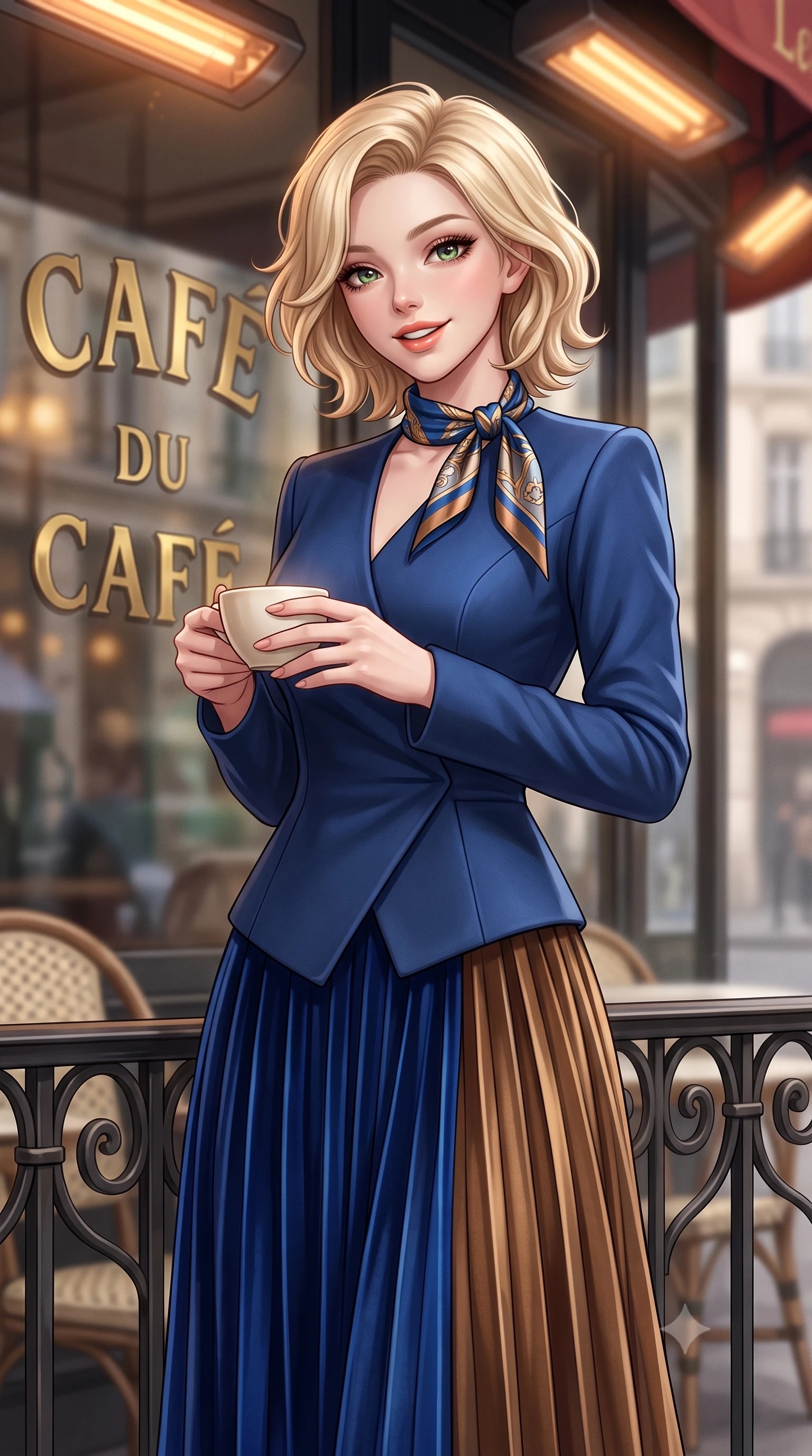 score_9, masterpiece, best quality, ultra-detailed, high-budget anime keyframe, semi-realistic 3D game render, editorial fashion photography, tasteful artistic composition, Caucasian woman. close-up cowboy shot from the waist and thighs up, the character dominates the composition, filling the frame with her large presence. holding a warm porcelain cup in both hands while tilting her head with an enchanting, beaming smile while standing beside the wrought-iron café railing looking out over Boulevard Saint-Germain, turning with playful coquettish charm. The background shows a soft-focus brass café lettering on glass softened in romantic Left Bank intellectual shallow focus. She has an exceptionally elegant, slender, and willowy female figure with an ultra-slim waist, flat toned midriff, narrow ribcage, and sculpted feminine hips creating an alluring, slim hourglass silhouette without bulk. sharp v-shaped jawline, high-bridge nose, intricate jewel-like sparkling eyes with depth, thick eyelashes, glossy parted lips with a natural peach sheen, bright cheerful beaming smile with an enchanting and coquettish sensual glint, exuding both youthful cute charm and seductive allure, flawlessly proportioned anatomical accuracy, strict slender model proportions, natural body alignment, perfectly sculpted long slender limbs, ultra-slim waistline, clean dynamic posture without body distortion. wearing an asymmetrical-wrap tailored wool jacket with clean geometric lines paired with a structured pleated maxi skirt in royal sapphire blue and antique brushed bronze, crafted from rich cotton velvet with deep light-absorbing pile and soft gradients, finished with a printed silk twilly scarf knotted gracefully around her neck, the bespoke architectural tailoring hugging her natural waistline with sartorial precision, creating a clean graceful hourglass silhouette with tall model elegance. bathed in soft overcast Parisian natural daylight warmed by glowing overhead outdoor patio heaters. highly saturated vibrant anime colors, detailed shading with soft gradients, rich glossy textures, high-contrast stereoscopic depth, volumetric dynamic lighting, master piece, 9:16 ratio