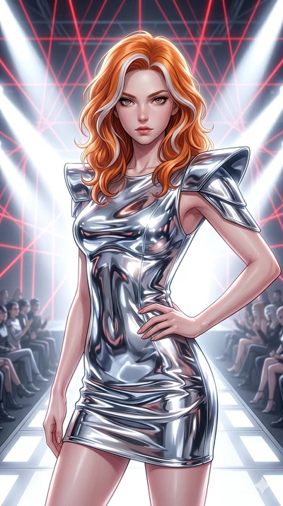 score_9, masterpiece, best quality, ultra-detailed, high-budget anime keyframe, Caucasian woman, strictly human ears. Upper body close-up from the thighs up, character filling the screen for maximum presence. On a high-tech catwalk during a futuristi