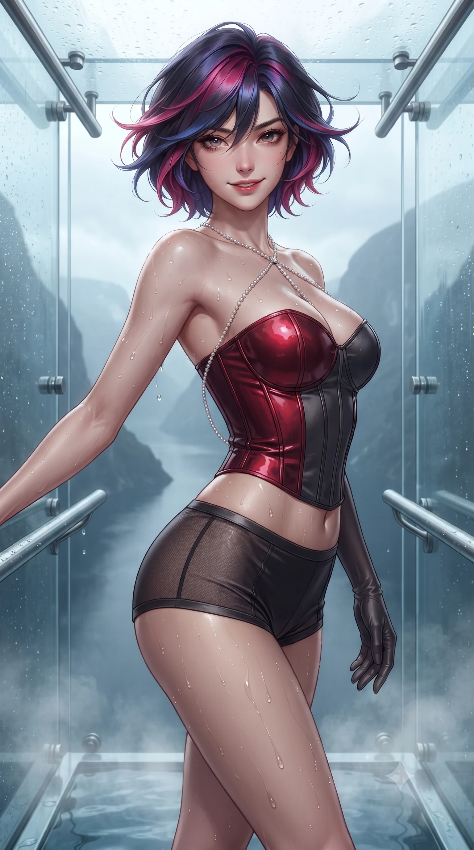 score_9, masterpiece, best quality, ultra-detailed, high-budget anime keyframe, editorial fashion photography, tasteful artistic composition, Korean woman. close-up cowboy shot from the waist and thighs up, the character dominates the composition, filling the frame with her large presence. turning slowly with an enchanting smoldering smile, her glossy hair tossing in the breeze as her hips angle gracefully in a captivating contrapposto while standing inside the steaming glass-walled hydrotherapy spa cantilevered high over the fjord abyss, arching her spine with supermodel poise. The surrounding environment is rendered in vivid detail and crisp panoramic clarity: sharp structural glass joint bolts, brushed titanium handrail gleam, and glistening water droplets on toned skin in deep focus. She has an exceptionally elegant, slender, and willowy female figure with an ultra-slim waist, flat toned midriff, narrow ribcage, and sculpted feminine hips creating an alluring, slim hourglass silhouette without bulk. sharp v-shaped jawline, high-bridge nose, sparkling eyes with hypnotic seductive depth, thick curled eyelashes, glossy parted lips with a natural dewy peach sheen, alluring bedroom-eyes with an enchanting coquettish smile, exuding magnetic siren charisma and sophisticated glamour, flawlessly proportioned anatomical accuracy, strict slender model proportions, natural body alignment, perfectly sculpted long slender limbs, ultra-slim waistline, clean dynamic posture without body distortion. wearing a strapless boned satin corset bodice paired with low-waisted tailored satin hot-pants in rich cherry lacquer and smoky charcoal, made of semi-opaque stretch illusion mesh with soft shadowy contours, accented with a pearl-drop body harness subtly framing her dewy collarbones and spine, the glove-like clinging cut tightly following the natural contour of her hips and long slender legs with youthful 8.5-heads elegance. illuminated by hot water surface reflections and sharp platinum rim lights defining her delicate clavicles, ultra-slim waist, and curvy hips. ultra-reflective glossy finish, specular highlights, rich textural contrasts, high-contrast stereoscopic depth, volumetric dynamic lighting, 2k, ultra detail, master piece, 9:16 ratio