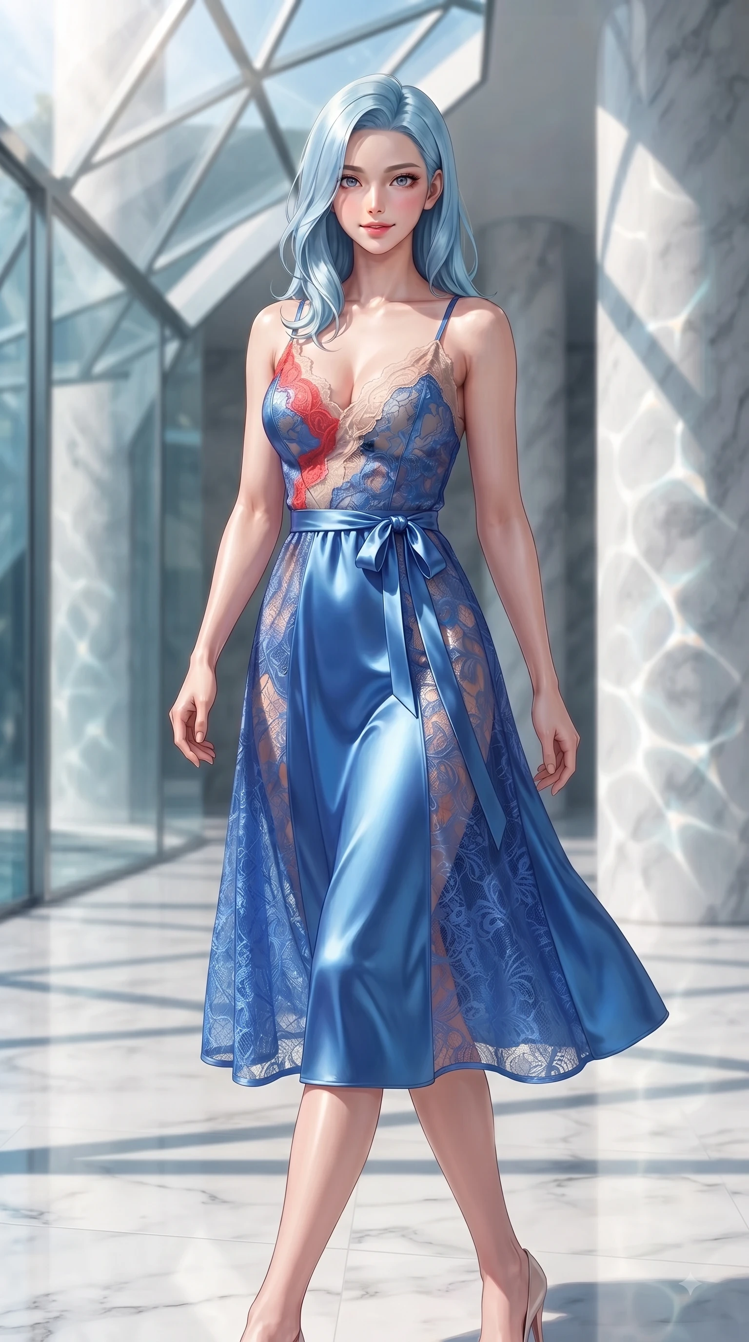 score_9, masterpiece, best quality, ultra-detailed, high-budget anime keyframe, editorial fashion photography, tasteful artistic composition, Korean woman. close-up cowboy shot from the waist and thighs up, the character dominates the composition, filling the frame with her large presence. Airy, translucent innocence with a soft subtle smile and a clear, pristine gaze into the lens while walking poised across a polished marble floor inside a sleek glass pavilion. The composition keeps background elements in soft focus with dreamy bokeh. sunlit water refractions and marble pillars softened by creamy shallow depth of field. She has an exceptionally elegant, slender, and willowy female figure with an ultra-slim waist, a gracefully sculpted slender torso, and a refined silhouette. sharp v-shaped jawline, high-bridge nose, intricate jewel-like eyes with depth, thick eyelashes, glossy lips with a natural sheen, flawlessly proportioned anatomical accuracy, natural body alignment, perfectly sculpted elegant limbs, clean dynamic posture without body distortion. wearing a vivid sapphire blue satin midi dress following her statuesque figure in vibrant coral red and soft beige, made of fine lace weave and soft satin jersey, accented with a delicate side waist sash creating fluid lines, the sleek second-skin fit accentuating her magnetic presence. bathed in crisp, high-contrast sunlight filtering through geometric glass panes. ultra-reflective glossy finish, specular highlights, metallic sheen, high-contrast stereoscopic depth, volumetric dynamic lighting, 2k, ultra detail, master piece, 9:16 ratio