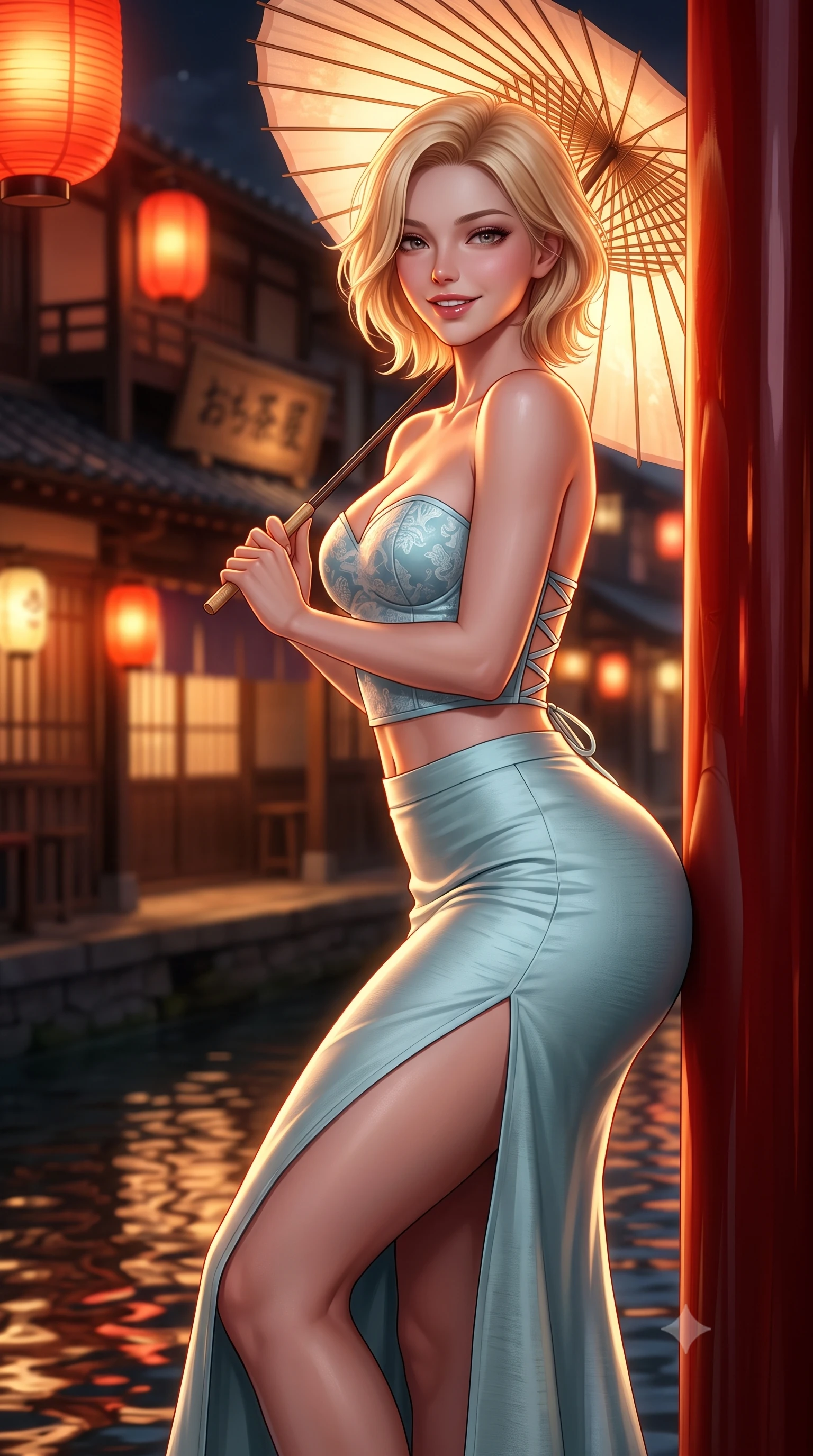 score_9, masterpiece, best quality, ultra-detailed, high-budget anime keyframe, semi-realistic 3D game render, editorial fashion photography, tasteful artistic composition, Caucasian woman. close-up cowboy shot from the waist and thighs up, the character dominates the composition, filling the frame with her large presence. leaning back against the red lacquer pillar with relaxed seductive grace, her flat midriff and narrow waist highlighted as warm lantern light traces her curves while holding an illuminated paper wagasa umbrella with one hand while turning gracefully, her long slender legs and curves accentuated by lantern reflections. The background shows a soft-focus historic wooden machiya teahouse facades and glowing red paper lanterns blurred into warm vermilion, honey, and charcoal bokeh. She has an exceptionally elegant, slender, and willowy female figure with an ultra-slim waist, flat toned midriff, narrow ribcage, and sculpted feminine hips creating an alluring, slim hourglass silhouette without bulk. sharp v-shaped jawline, high-bridge nose, intricate jewel-like dark sparkling almond eyes with depth, thick lashes, glossy parted lips with a natural rose-plum sheen, bright alluring and coquettish smile with bedroom-eyes, exuding both timeless oriental elegance and sovereign high-fashion allure, flawlessly proportioned anatomical accuracy, strict slender model proportions, natural body alignment, perfectly sculpted long slender limbs, ultra-slim waistline, clean dynamic posture without body distortion. wearing a sweetheart-neckline oriental jacquard bustier top paired with a curve-hugging high-slit mermaid maxi skirt in pure celadon porcelain blue and cloud white, tailored from smooth celadon raw silk with natural organic slub texture, finished with criss-cross back satin laces tracing her slender spine, the glove-like silhouette tightly following the natural contour of her hips and long slender legs with youthful 8.5-heads elegance. illuminated by rippling canal water reflections and sharp amber rim lighting sculpting her razor-sharp jawline, narrow waist, and curvy hips. highly saturated vibrant anime colors, detailed shading with soft gradients, rich glossy textures, high-contrast stereoscopic depth, volumetric dynamic lighting, master piece, 9:16 ratio