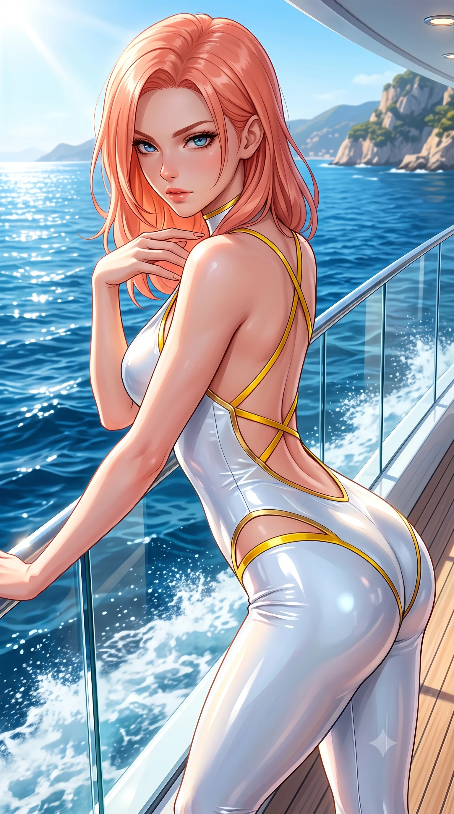 score_9, masterpiece, best quality, ultra-detailed, high-budget anime keyframe, semi-realistic 3D game render, editorial fashion photography, tasteful artistic composition, Japanese woman. close-up cowboy shot from the waist and thighs up, the character dominates the composition, filling the frame with her large presence. leaning forward with a dangerous, enticing smolder, resting one hand near her collarbone while casting a fiery, magnetic direct gaze while pivoting dynamically near the yacht glass balustrade as the vessel cuts through sparkling deep blue ocean waves. The surrounding environment is rendered in vivid detail and crisp panoramic clarity. high-contrast luxury maritime aesthetic and sun-drenched coastal views in panoramic precision. She has an exceptionally elegant, slender, and willowy female figure with an ultra-slim waist, a gracefully sculpted slender torso, toned flat midriff, and a refined slim silhouette. sharp v-shaped jawline, high-bridge nose, intricate jewel-like eyes with depth, thick eyelashes, glossy lips with a natural sheen, flawlessly proportioned anatomical accuracy, strict slender model proportions, natural body alignment, perfectly sculpted long slender limbs, ultra-slim waistline, clean dynamic posture without body distortion. wearing a second-skin white liquid-mercury micro-bodysuit sculpted tightly to her slender build, featuring razor-thin metallic straps and hip cutouts in vibrant sunburst canary yellow and gold trim, formed from high-gloss patent material with specular light reflections, complemented by criss-cross back straps highlighting her completely bare spine, the glove-like aerodynamic second-skin fit tightly clinging to her ultra-slender waist and athletic curves without adding bulk, accentuating her razor-sharp statuesque lines and slim hourglass silhouette. bathed in dazzling midday Mediterranean sunshine and sparkling ocean surface reflections. highly saturated vibrant anime colors, detailed shading with soft gradients, rich glossy textures, high-contrast stereoscopic depth, volumetric dynamic lighting, master piece, 9:16 ratio