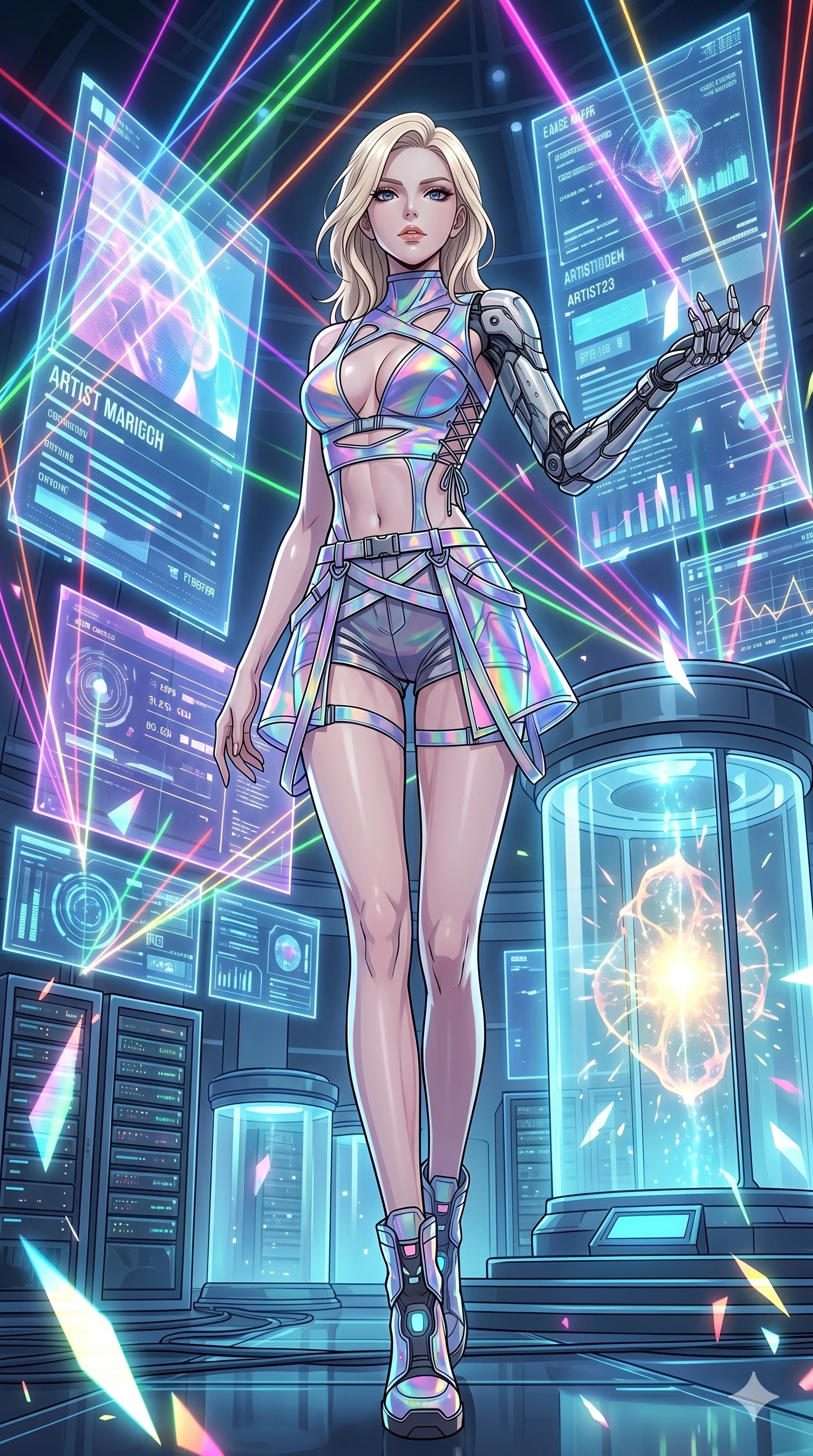 score_9, masterpiece, best quality, ultra-detailed, High-budget Anime Keyframe, vibrant colors, fluid line-art, expressive lighting, cinematic composition, Ufotable-style visual effects, top-tier animation quality, Caucasian woman with pale skin, blonde hair, and (strictly human ears). Dynamic full-body shot stretching the vertical silhouette, capturing her from a powerful low-angle perspective. Orchestrating a complex symphony of laser lights and holographic projections in a grand futuristic concert hall. She has an absolutely perfect 8-heads proportion, an exceptionally tall and slender female figure with impossibly long slender legs and an ultra-slim waist, her statuesque height and towering silhouette dominating the vertical 9:16 frame. Her face is a masterpiece featuring a sharp v-shaped jawline, high-bridge nose, intricate jewel-like eyes with depth, thick eyelashes, and glossy lips with a natural sheen. She is wearing a Cyber-augmented streetwear featuring mechanical arm parts and a micro-shorts/harness combo crafted from Holographic chiffon that changes color with every movement, creating a rainbow effect, featuring a deep plunging neckline and delicate lace-up side details. The scene is set in a high-tech research laboratory with glowing glass tanks and complex holographic interfaces, illuminated by dynamic strobe effects that capture her movement in a series of sharp fragments. 2k, ultra detail, master piece, 9:16 ratio