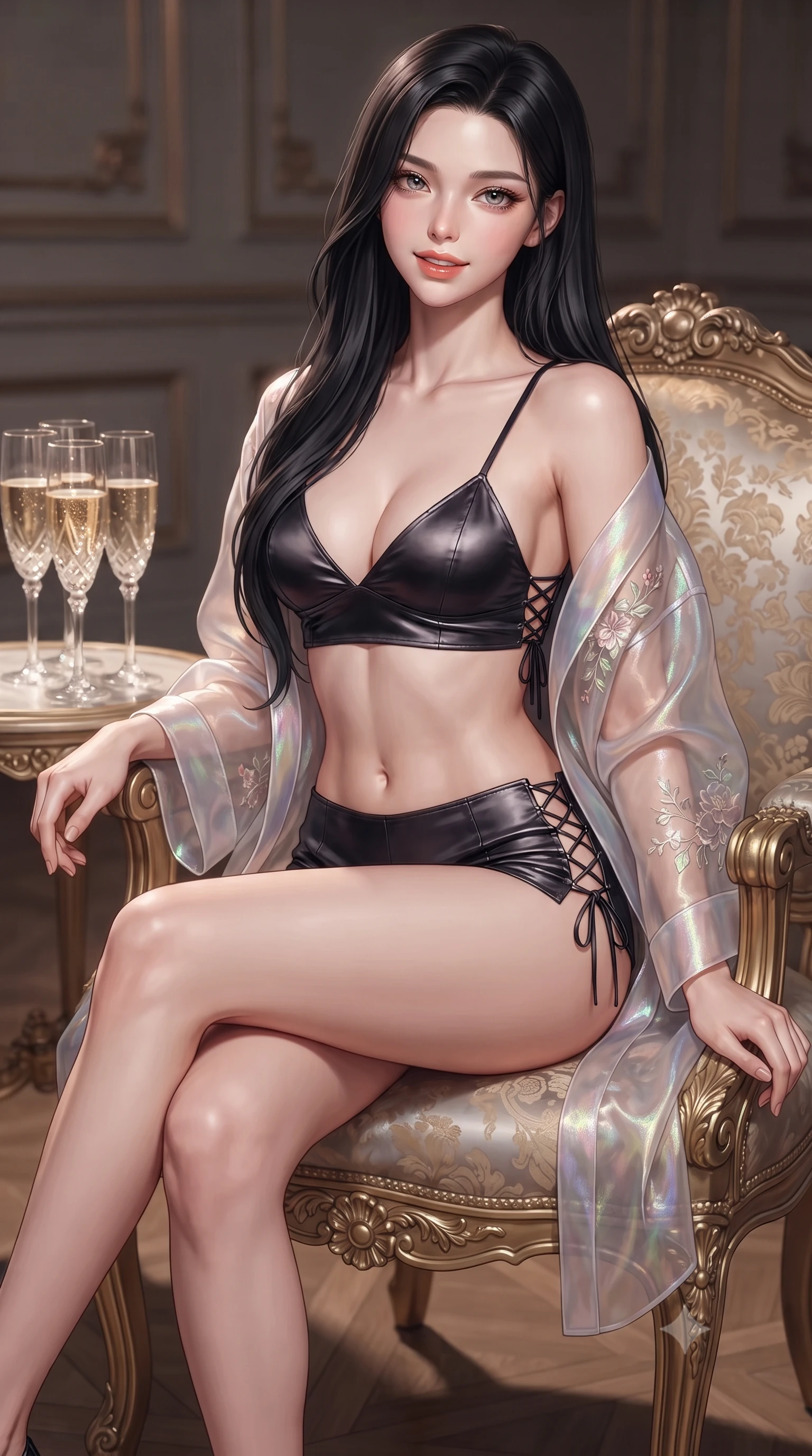 score_9, masterpiece, best quality, ultra-detailed, high-budget anime keyframe, editorial fashion photography, tasteful artistic composition, Korean woman. close-up cowboy shot from the waist and thighs up, the character dominates the composition, filling the frame with her large presence. leaning forward while arching her lower back to accentuate her curvy hips, looking into the camera with an intoxicating smoldering gaze and bedroom-eyes while sitting gracefully on the antique gilded armchair with legs crossed, flashing an enchanting smile with parted glossy lips. The background shows a soft-focus champagne bubbles in crystal flutes softened in royal opera loge sanctuary shallow focus. She has an exceptionally elegant, slender, and willowy female figure with an ultra-slim waist, flat toned midriff, narrow ribcage, and sculpted feminine hips creating an alluring, slim hourglass silhouette without bulk. sharp v-shaped jawline, high-bridge nose, intricate jewel-like sparkling eyes with depth, thick eyelashes, glossy parted lips with a natural peach sheen, bright cheerful beaming smile with an enchanting and coquettish sensual glint, exuding both youthful cute charm and seductive allure, flawlessly proportioned anatomical accuracy, strict slender model proportions, natural body alignment, perfectly sculpted long slender limbs, ultra-slim waistline, clean dynamic posture without body distortion. wearing a translucent iridescent organza kimono robe slipping off bare shoulders over a matching satin micro-bralette and micro-shorts in deep obsidian black and liquid molten platinum, woven from buttery-soft stretch lambskin leather adhering to her body like a second skin, featuring fine criss-cross lace-up side ties revealing tantalizing glimpses of her hip curve, the second-skin tailored fabric adhering flawlessly to her sculpted flat midriff and slender torso, emphasizing her long leg lines and perfectly proportioned willowy build. illuminated by parquet floor reflection bounce and sharp rose-gold rim lights sculpting her jawline, narrow waist, and curvy hips. ultra-reflective glossy finish, specular highlights, rich textural contrasts, high-contrast stereoscopic depth, volumetric dynamic lighting, 2k, ultra detail, master piece, 9:16 ratio