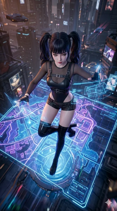 score_9, masterpiece, best quality, ultra-detailed, semi-realistic 3D game render, high-fidelity textures, Unreal Engine 5 style, Korean anime girl. Extreme high angle shot as she leaps towards the camera, filling the frame. interfacing with a giant 
