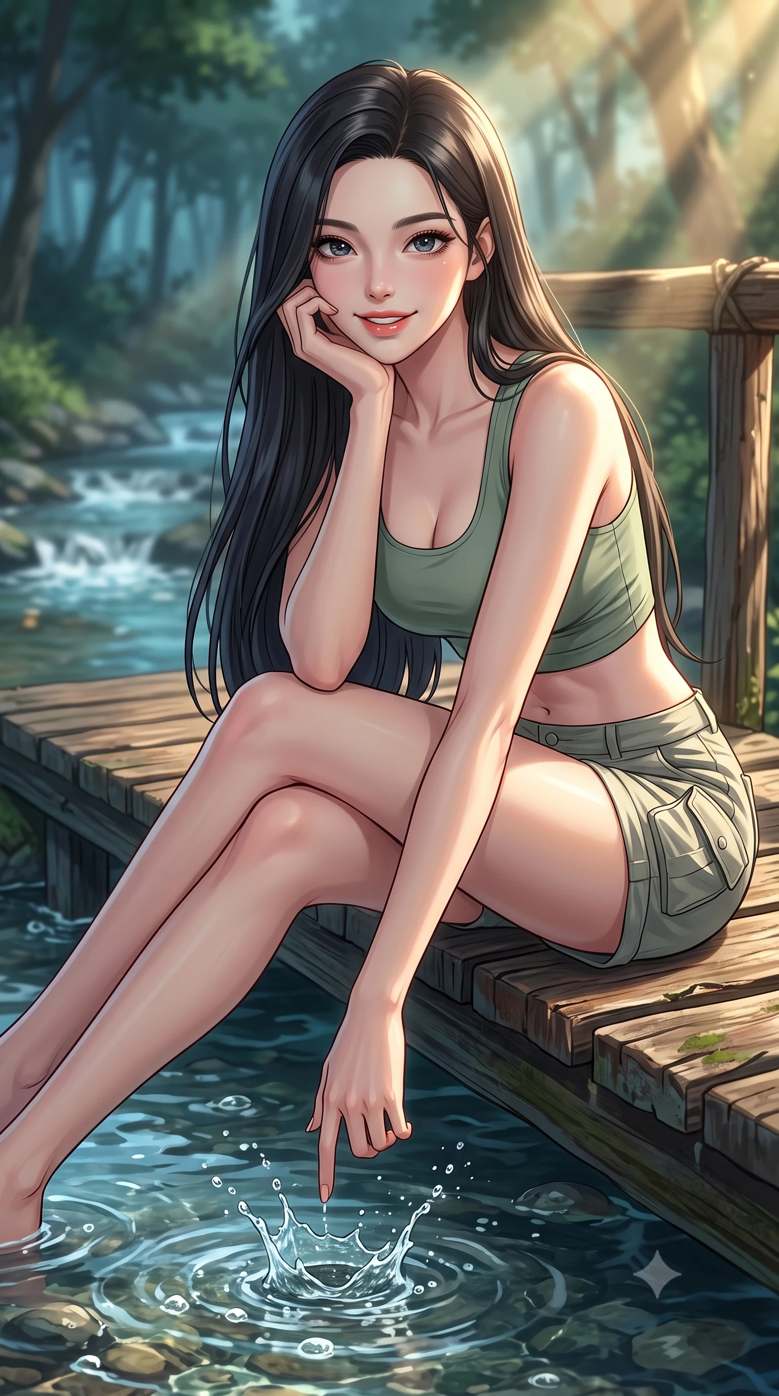 score_9, masterpiece, best quality, ultra-detailed, high-budget anime keyframe, editorial fashion photography, tasteful artistic composition, Korean woman. close-up cowboy shot from the waist and thighs up, the character dominates the composition, filling the frame with her large presence, background elements kept in soft focus. smiling cutely while resting her chin on her hand, looking directly into the lens set against a soft-focus background of on a rustic wooden bridge crossing a shallow, bubbling valley stream dipping her fingertips into the cool water with a playful, cute splash. She has an exceptionally elegant, slender, and willowy female figure with an ultra-slim waist, a gracefully sculpted slender torso, and a refined silhouette. sharp v-shaped jawline, high-bridge nose, intricate jewel-like eyes with depth, thick eyelashes, glossy lips with a natural sheen. wearing slim-fit stylish crop top in sage green, paired with lightweight cargo shorts. cool forest shadows contrasting with warm shafts of sunbeams. highly saturated vibrant anime colors, detailed shading with soft gradients, rich glossy textures, high-contrast stereoscopic depth, volumetric dynamic lighting, master piece, 9:16 ratio