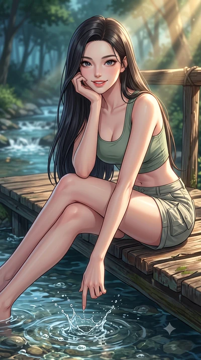 score_9, masterpiece, best quality, ultra-detailed, high-budget anime keyframe, editorial fashion photography, tasteful artistic composition, Korean woman. close-up cowboy shot from the waist and thighs up, the character dominates the composition, fi