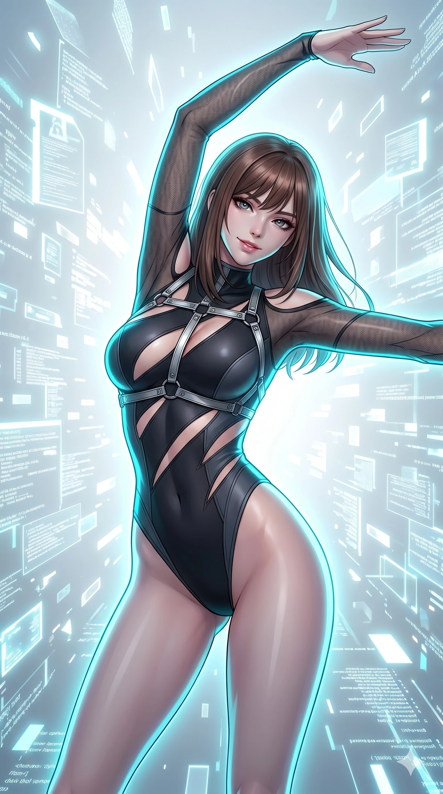 score_9, masterpiece, best quality, ultra-detailed, high-budget anime keyframe, Korean woman. Upper body close-up from the thighs up, character filling the screen for maximum presence. She is leaning back with a seductive, challenging smile amidst swirling holographic data shards in a brilliant white digital void. She stretches one arm overhead in a dynamic, fluid motion. She has an absolutely perfect 8-heads proportion, an exceptionally tall and slender female figure with impossibly long slender legs and an ultra-slim waist. V-shaped jawline, high-bridge nose, intricate jewel-like eyes with depth, thick eyelashes, glossy lips with a natural sheen. She is wearing an ultra-sleek high-cut tech-bodysuit featuring dangerous diagonal slitted cutouts on the midriff and shoulders, reinforced by a metallic silver harness and sheer mesh sleeves. The scene is illuminated by stark white key lights and a neon cyan rim light tracing her curves. 2k, ultra detail, master piece, 9:16 ratio