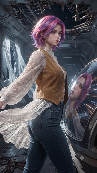 score_9, masterpiece, best quality, ultra-detailed, high-budget anime keyframe, editorial fashion photography, tasteful artistic composition, realistic cosplay photography, Caucasian woman, strictly human ears. close-up cowboy shot from the waist and