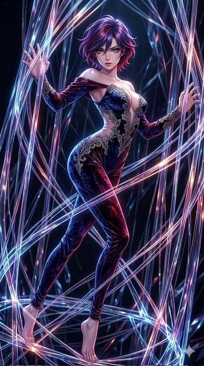 score_9, masterpiece, best quality, ultra-detailed, High-budget Anime Keyframe, East Asian woman. Dynamic full-body shot stretching the vertical silhouette to the limit. Scenario 252: Trapped in a cage of glowing crystalline fibers, body pressing aga