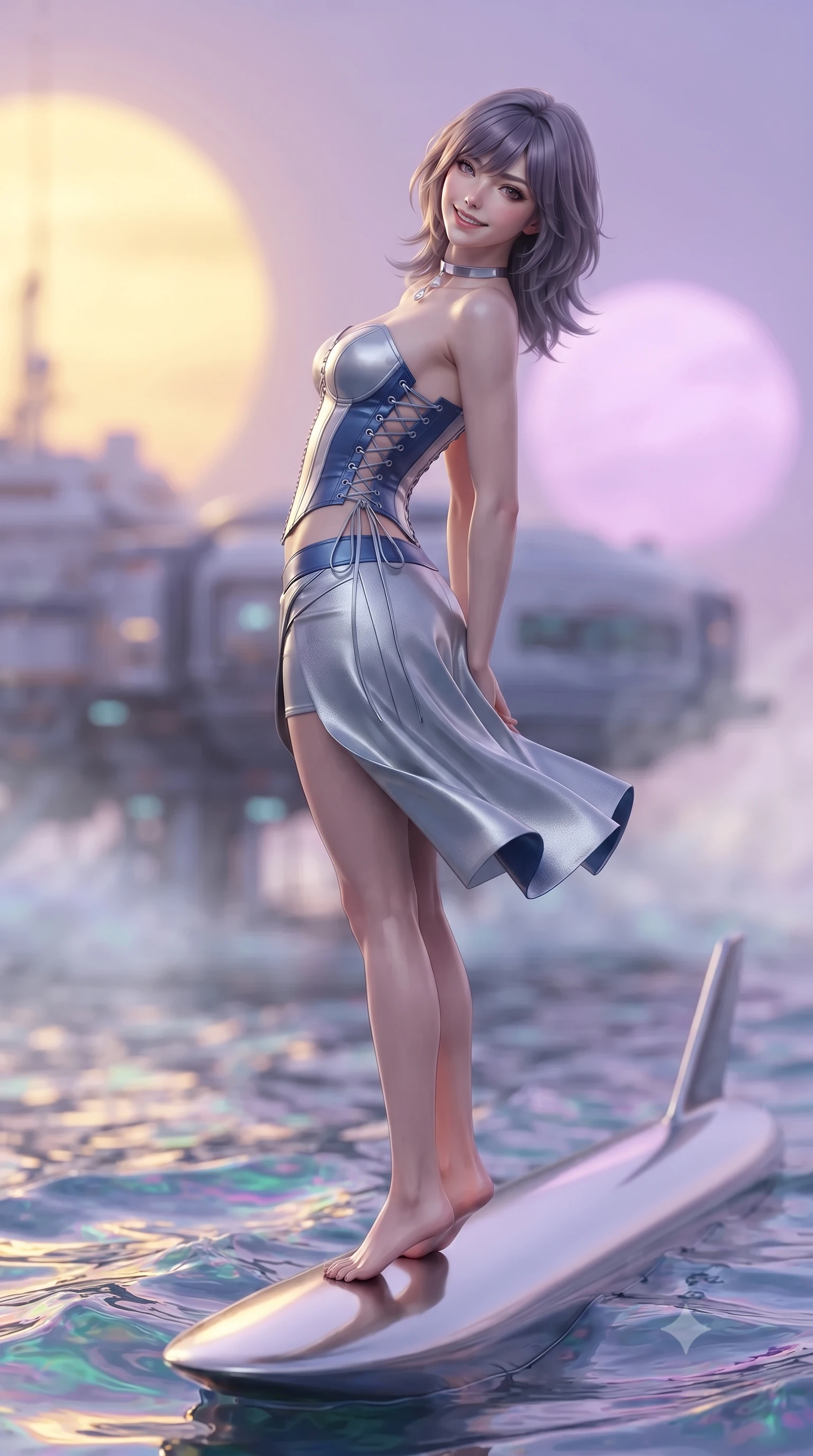 score_9, masterpiece, best quality, ultra-detailed, high-budget anime keyframe, editorial fashion photography, tasteful artistic composition, Japanese woman. low angle full-body shot from head to toe showing her feet, filling the entire 9:16 vertical frame with her statuesque presence, stretching her vertical silhouette. executing a slow, graceful pivot turn as her skirt sways around her slender legs, glancing back with an enchanting, teasing sensual expression while standing poised on the aerodynamic titanium pontoon suspended over the iridescent waves of the sentient liquid ocean, arching her back with siren allure. The background shows a soft-focus iridescent sea spray mist softened in alien oceanic research station shallow focus. She has an exceptionally tall and slender model-like 8.5-heads proportion, an ultra-slim waist, a flat toned midriff, narrow delicate ribcage, and beautifully sculpted feminine hips creating a graceful, slim hourglass silhouette without any bulky heaviness, with impossibly long slender legs. sharp v-shaped jawline, high-bridge nose, intricate jewel-like sparkling eyes with depth, thick eyelashes, glossy parted lips with a natural peach sheen, bright cheerful beaming smile with an enchanting and coquettish sensual glint, exuding both youthful cute charm and seductive allure, flawlessly proportioned anatomical accuracy, strict slender model proportions, natural body alignment, perfectly sculpted long slender limbs, ultra-slim waistline, clean dynamic posture without body distortion. wearing a sculpted satin cyber-corset with lace-up side ties paired with a low-rise micro skirt in Shackleton lunar ice silver and Earthrise cobalt, tailored from high-density tech-wool with subtle metallic thread weave, finished with a minimalist chrome choker and a single teardrop diamond pendant, the glove-like clinging cut tightly following the natural contour of her hips and long slender legs with youthful 8.5-heads elegance. bathed in the surreal dual illumination of twin setting suns—one golden amber, one lavender rose. ultra-reflective glossy finish, specular highlights, rich textural contrasts, high-contrast stereoscopic depth, volumetric dynamic lighting, 2k, ultra detail, master piece, 9:16 ratio