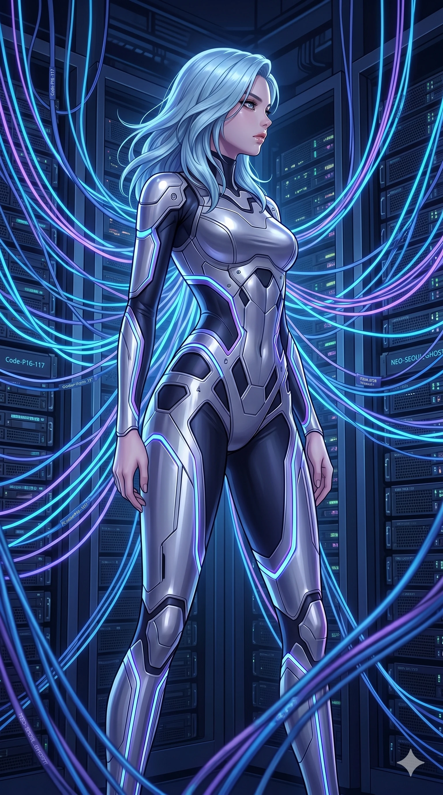 score_9, masterpiece, best quality, ultra-detailed, high-budget anime keyframe, editorial fashion photography, tasteful artistic composition, Korean woman. cowboy shot from the thighs up, character and outfit filling the frame for maximum editorial presence. standing proud, her face turned in sharp profile, casting a cold and mysterious gaze inside a digital server room with neon blue fiber cables (Code-P16-117). She has an absolutely perfect 8-heads proportion, an exceptionally tall and slender female figure with impossibly long slender legs and an ultra-slim waist. V-shaped jawline, high-bridge nose, intricate jewel-like eyes with depth, thick eyelashes, glossy lips with a natural sheen. wearing a second-skin cyber-bodysuit with metallic silver plates and geometric hip cutouts. cool blue and violet neon light, highlighting the sleek contours of her athletic figure. 2k, ultra detail, master piece, 9:16 ratio