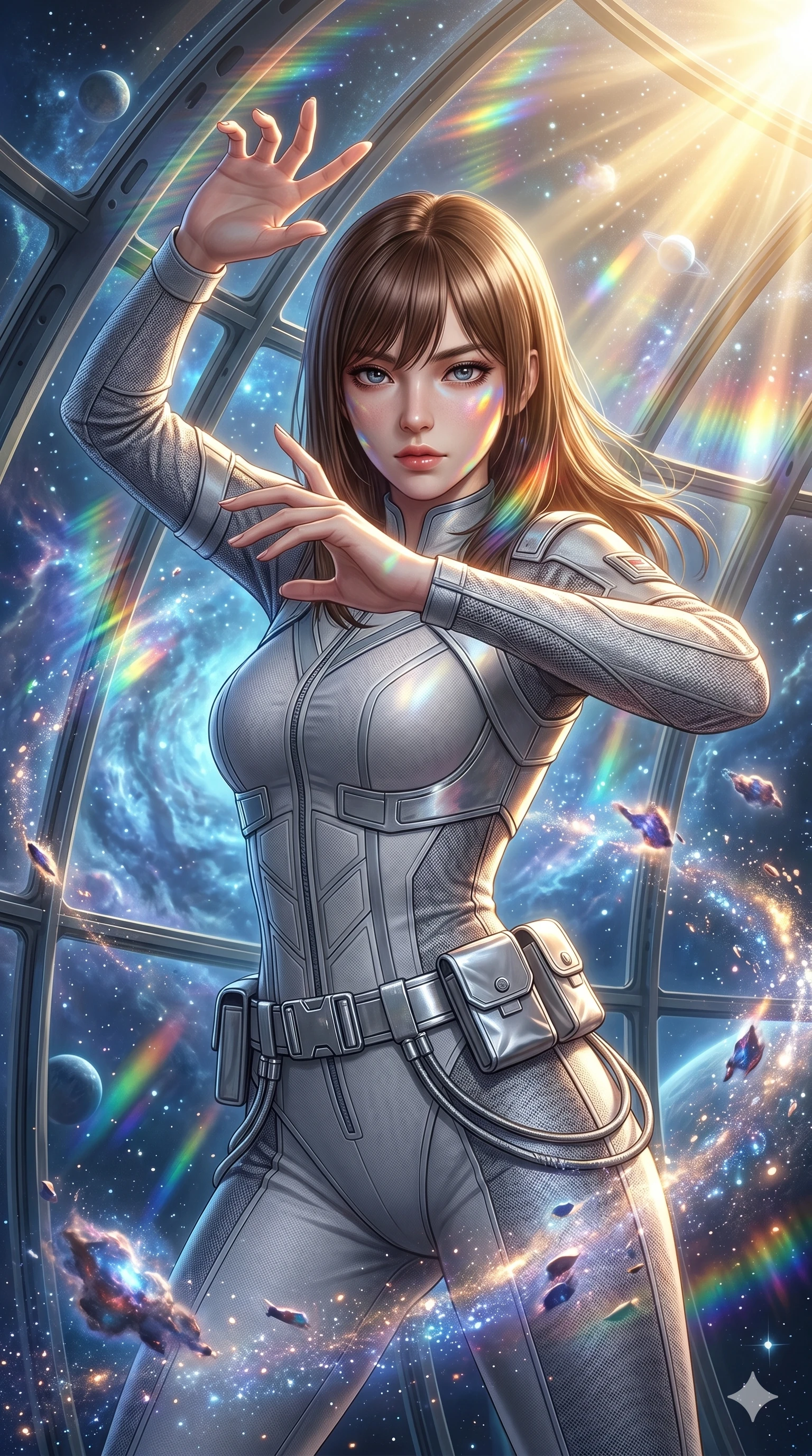 score_9, masterpiece, best quality, ultra-detailed, high-budget anime keyframe, semi-realistic 3D game render, Korean woman. Upper body close-up from the thighs up, character filling the screen for maximum presence. She is posing with dynamic energy as glowing cosmic stardust and floating nebulae swirl around her inside a sunlit orbital conservatory. She looks toward the camera with a captivating, intense gaze. She has an absolutely perfect 8-heads proportion, a tall and elegant figure with a refined silhouette and a defined waistline. V-shaped jawline, high-bridge nose, intricate jewel-like eyes with depth, thick eyelashes, glossy lips with a natural sheen. She is wearing a high-fashion tech-jumpsuit featuring structured panel overlays across the torso and shoulders, accented by a metallic silver utility belt and textured fabric sleeves. The scene is bathed in brilliant, high-contrast golden solar rays and refracting rainbow lens flares. 2k, ultra detail, master piece, 9:16 ratio