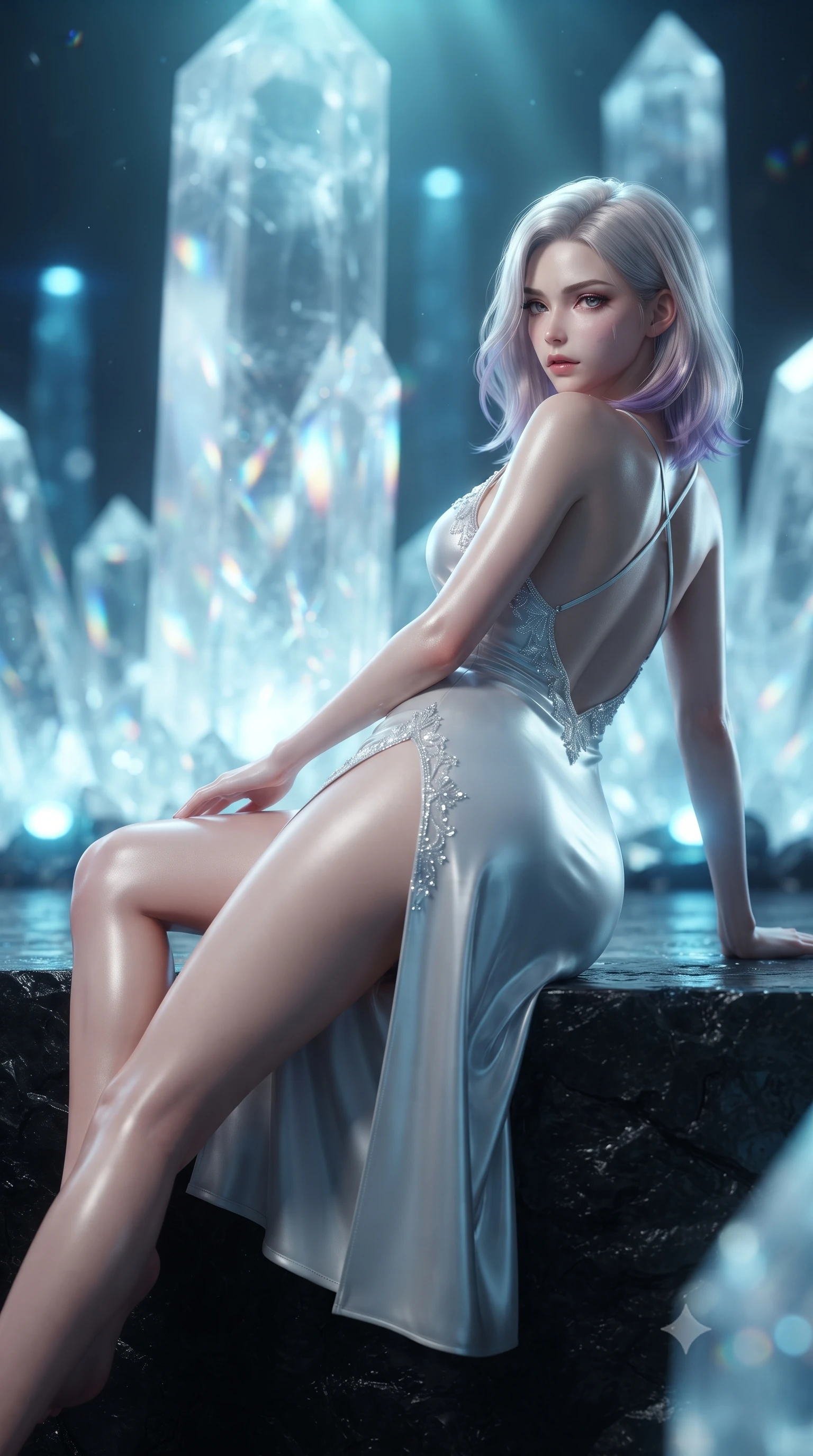 score_9, masterpiece, best quality, ultra-detailed, high-budget anime keyframe, editorial fashion photography, tasteful artistic composition, Caucasian woman. low angle full-body shot from head to toe showing her feet, filling the entire 9:16 vertical frame with her statuesque presence, stretching her vertical silhouette. executing an elegant mid-motion pivot turn as garments swirl around her slender limbs, glancing over her shoulder with an intoxicating bedroom-gaze while reclining across a black basalt viewing platform propped on one elbow, her slender waist and feminine curves sculpted by shimmering crystal refractions. The composition keeps background elements in soft focus with creamy bokeh. towering translucent selenite crystal pillars and glowing blue inspection lights blurred into ethereal sapphire, ice-blue, and diamond bokeh. She has an exceptionally tall and slender model-like 8.5-heads proportion, an ultra-slim waist, a flat toned midriff, narrow delicate ribcage, and beautifully sculpted feminine hips creating a graceful, slim hourglass silhouette without any bulky heaviness, with impossibly long slender legs. sharp v-shaped jawline, high-bridge nose, intricate jewel-like eyes with depth, thick eyelashes, glossy parted lips with a natural sheen, intensely captivating and seductive bedroom-eyes expression, flawlessly proportioned anatomical accuracy, strict slender model proportions, natural body alignment, perfectly sculpted long slender limbs, ultra-slim waistline, clean dynamic posture without body distortion. wearing a backless cowl-neck satin slip dress featuring high-cut side hip slits and delicate criss-cross back straps in shimmering silver mercury and pearl white, tailored from second-skin aerodynamic stretch vinyl with specular wet sheen, finished with delicate crystal frost embroidery tracing the plunging neckline, the precision-cut side openings and low-back scoop framing her graceful spine and the sensual sweep of her slim, toned hips. bathed in ethereal ice-blue and cyan spotlights filtering through massive translucent mineral crystals. ultra-reflective glossy finish, specular highlights, rich textural contrasts, high-contrast stereoscopic depth, volumetric dynamic lighting, 2k, ultra detail, master piece, 9:16 ratio