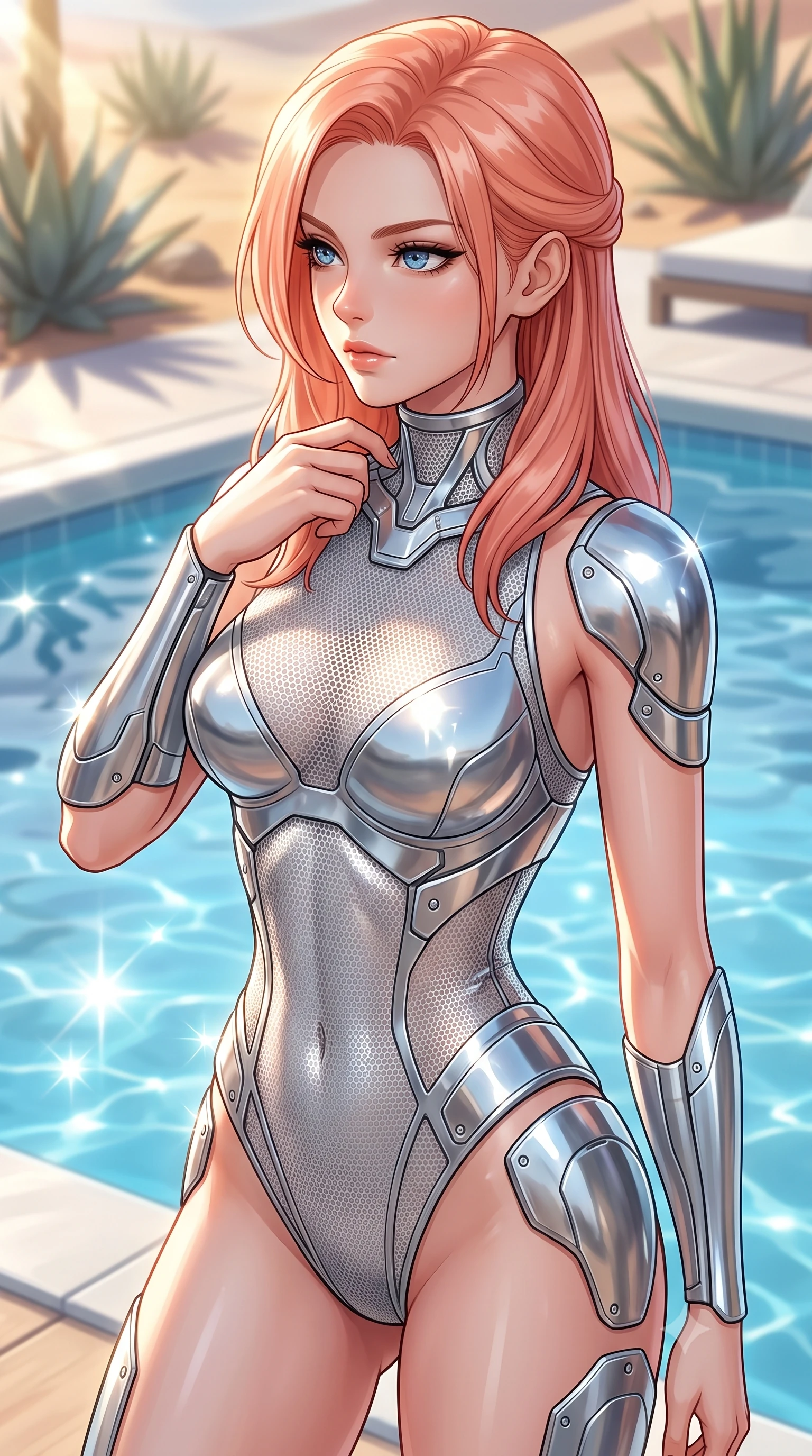 score_9, masterpiece, best quality, ultra-detailed, high-budget anime keyframe, editorial fashion photography, tasteful artistic composition, Japanese woman. close-up cowboy shot from the waist and thighs up, the character dominates the composition, filling the frame with her large presence, background elements kept in soft focus. adjusting the high collar of her body-hugging suit, looking past the camera with quiet, sharp focus and a composed expression, the background shows a soft-focus a desert oasis deck overlooking a cool blue virtual swimming pool. She has an exceptionally elegant, slender, and willowy female figure with an ultra-slim waist, a gracefully sculpted slender torso, and a refined silhouette. sharp v-shaped jawline, high-bridge nose, intricate jewel-like eyes with depth, thick eyelashes, glossy lips with a natural sheen. wearing a form-contouring delicate silver nano-mesh bodysuit with strategically placed chrome armor plate guards covering key curves. bright morning sun rays creating sparkling glints on the water and her form. highly saturated vibrant anime colors, detailed shading with soft gradients, rich glossy textures, high-contrast stereoscopic depth, volumetric dynamic lighting, master piece, 9:16 ratio