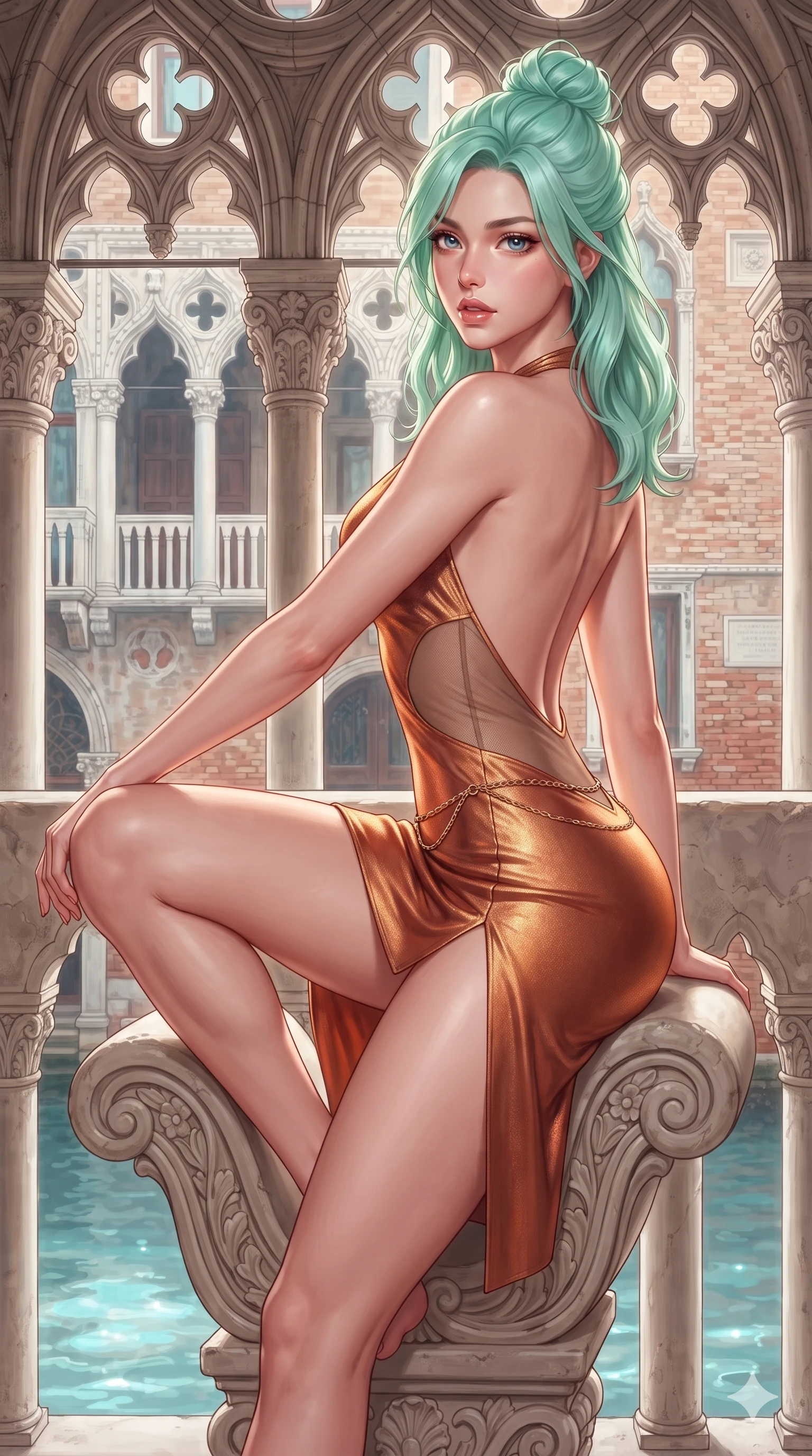 score_9, masterpiece, best quality, ultra-detailed, high-budget anime keyframe, semi-realistic 3D game render, editorial fashion photography, tasteful artistic composition, Japanese woman. close-up cowboy shot from the waist and thighs up, the character dominates the composition, filling the frame with her large presence. perched sideways on the lounge seat, one knee drawn up to showcase her slender leg line while her arched back accentuates her feminine hip curve while standing poised between towering Venetian Gothic tracery arches, twisting her slender torso in an alluring contrapposto stance above the water. The surrounding environment is rendered in vivid detail and crisp panoramic clarity: detailed anime keyframe lines, rich fabric textures, and historic Venetian architecture in razor-sharp precision. She has an exceptionally elegant, slender, and willowy female figure with an ultra-slim waist, flat toned midriff, narrow ribcage, and sculpted feminine hips creating an alluring, slim hourglass silhouette without bulk. sharp v-shaped jawline, high-bridge nose, intricate jewel-like eyes with depth, thick eyelashes, glossy parted lips with a natural sheen, intensely captivating and seductive bedroom-eyes expression, flawlessly proportioned anatomical accuracy, strict slender model proportions, natural body alignment, perfectly sculpted long slender limbs, ultra-slim waistline, clean dynamic posture without body distortion. wearing a backless metallic lamé halterneck mini dress with deep scoop back down to her lower spine and thigh-high slit in warm Tuscan ochre and terracotta sienna, accented with semi-sheer mesh inserts accentuating her sculpted flat midriff, accented with a delicate gold chain belt resting loosely on her curvy hips, the glove-like clinging cut tightly following the natural contour of her hips and long slender legs with youthful 8.5-heads elegance. bathed in luminous morning canal light with soft cyan reflections bouncing off the water surface. highly saturated vibrant anime colors, detailed shading with soft gradients, rich glossy textures, high-contrast stereoscopic depth, volumetric dynamic lighting, master piece, 9:16 ratio