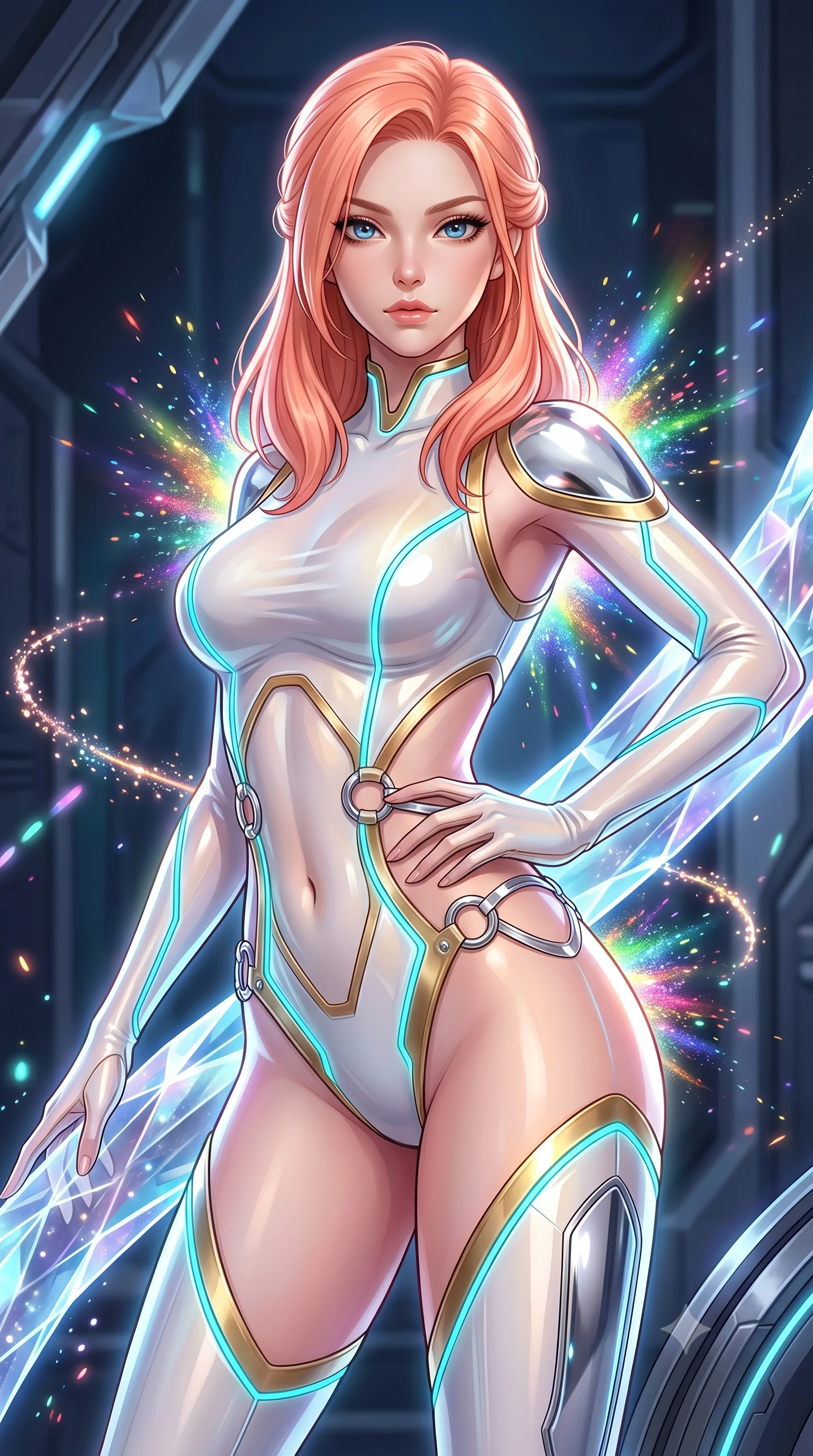 score_9, masterpiece, best quality, ultra-detailed, high-budget anime keyframe, semi-realistic 3D game render, editorial fashion photography, tasteful artistic composition, Japanese woman. close-up cowboy shot from the waist and thighs up, the character dominates the composition, filling the frame with her large presence. twisting her upper body in a dynamic S-curve with commanding allure, one hand resting on her slender waist with haughty grace while drifting gracefully along a crystalline energy conduit as bursts of rainbow subatomic particles illuminate her contour. The surrounding environment is rendered in vivid detail and crisp panoramic clarity. sharp magnetic ring mechanical seams, distinct glowing particle trails, and crystalline conduit facets in deep focus. She has an exceptionally elegant, slender, and willowy female figure with an ultra-slim waist, a gracefully sculpted slender torso, toned flat midriff, and a refined slim silhouette. sharp v-shaped jawline, high-bridge nose, intricate jewel-like eyes with depth, thick eyelashes, glossy lips with a natural sheen, flawlessly proportioned anatomical accuracy, strict slender model proportions, natural body alignment, perfectly sculpted long slender limbs, ultra-slim waistline, clean dynamic posture without body distortion. wearing a second-skin white-and-gold high-fashion tech-bodysuit with diagonal midriff cutouts and glowing cyan fiber seams in polished mirror chrome and glowing electric cyan neon, tailored from semi-translucent cybernetic vinyl with glowing micro-filaments, detailed with polished silver rings connecting the daring side-waist cutouts, the glove-like aerodynamic second-skin fit tightly clinging to her ultra-slender waist and athletic curves without adding bulk, accentuating her razor-sharp statuesque lines and slim hourglass silhouette. surrounded by an awe-inspiring, divine, and radiantly transcendent machine-muse sovereignty aura. rich saturated anime colors with glowing neon highlights, detailed shading with soft gradients, rich glossy textures, high-contrast stereoscopic depth, volumetric dynamic lighting, master piece, 9:16 ratio