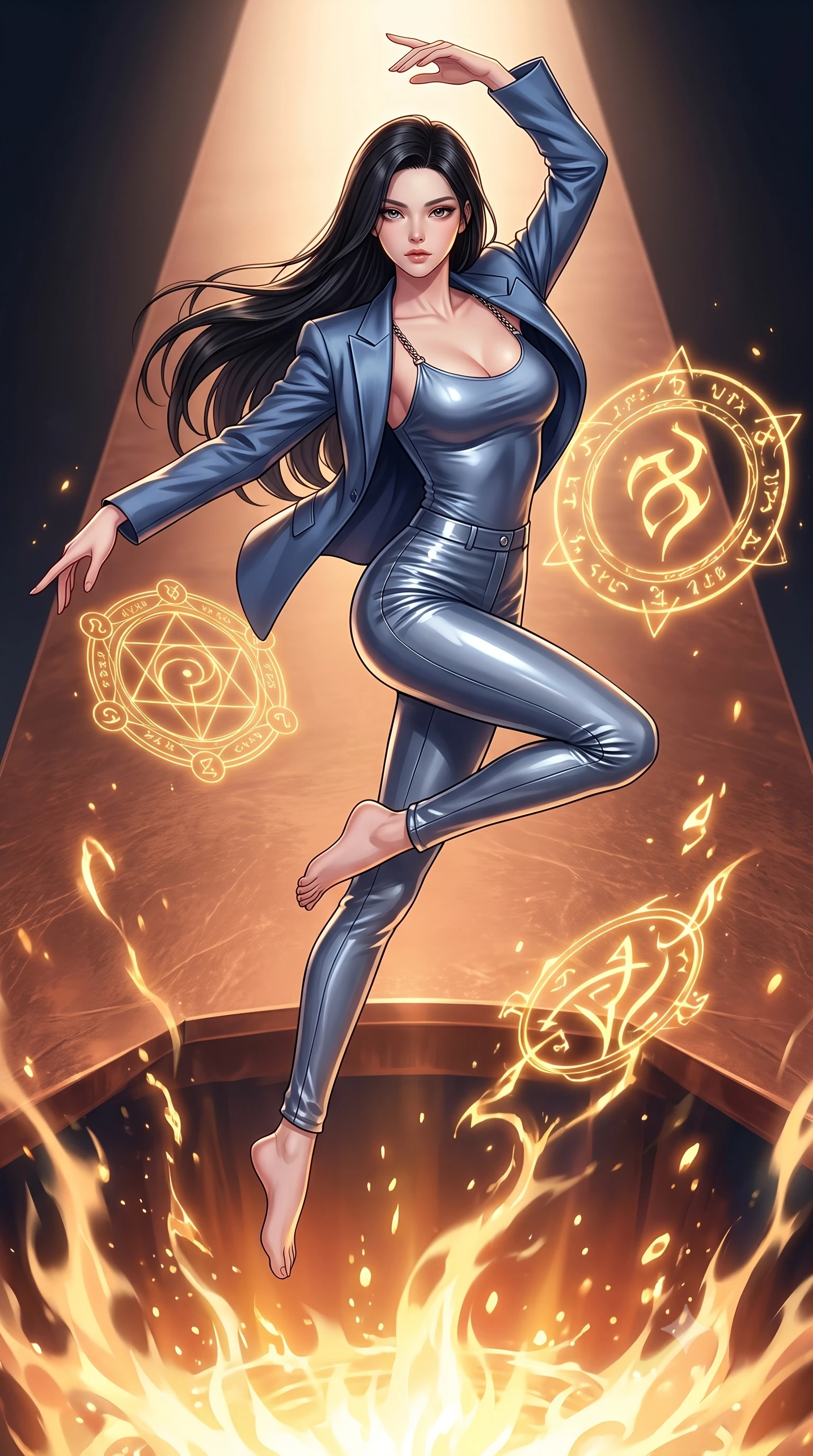 score_9, masterpiece, best quality, ultra-detailed, high-budget anime keyframe, editorial fashion photography, tasteful artistic composition, Korean woman. low angle full-body shot from head to toe showing her feet, filling the entire 9:16 vertical frame with her statuesque presence, stretching her vertical silhouette. performing an athletic mid-air rotation with flawless poise, her vertical silhouette beautifully stretched while leaping across a copper catwalk as boiling liquid aurora energy erupts below, glowing alchemy runes hovering in mid-air, casting golden light on her face. She has an absolutely perfect, statuesque 8.5-heads proportion, an exceptionally tall and slender model-like female figure with impossibly long slender legs and an ultra-slim waist. sharp v-shaped jawline, high-bridge nose, intricate jewel-like eyes with depth, thick eyelashes, glossy lips with a natural sheen, flawlessly proportioned anatomical accuracy, natural body alignment, perfectly sculpted elegant limbs, clean dynamic posture without body distortion. wearing a tailored silk blazer over a form-contouring scoop-neck top and slacks in slate blue and metallic silver, tailored from high-gloss patent leather, adorned with delicate metallic chain straps along the neckline, the tailored fabric tightly following every curve of her athletic build. illuminated by golden alchemy rune radiance and dramatic top key light. highly saturated vibrant anime colors, detailed shading with soft gradients, rich glossy textures, high-contrast stereoscopic depth, volumetric dynamic lighting, master piece, 9:16 ratio