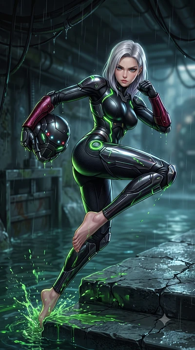 score_9, masterpiece, best quality, ultra-detailed, high-budget anime keyframe, semi-realistic 3D game render, editorial fashion photography, tasteful artistic composition, Caucasian woman. low angle full-body shot from head to toe showing her feet, 