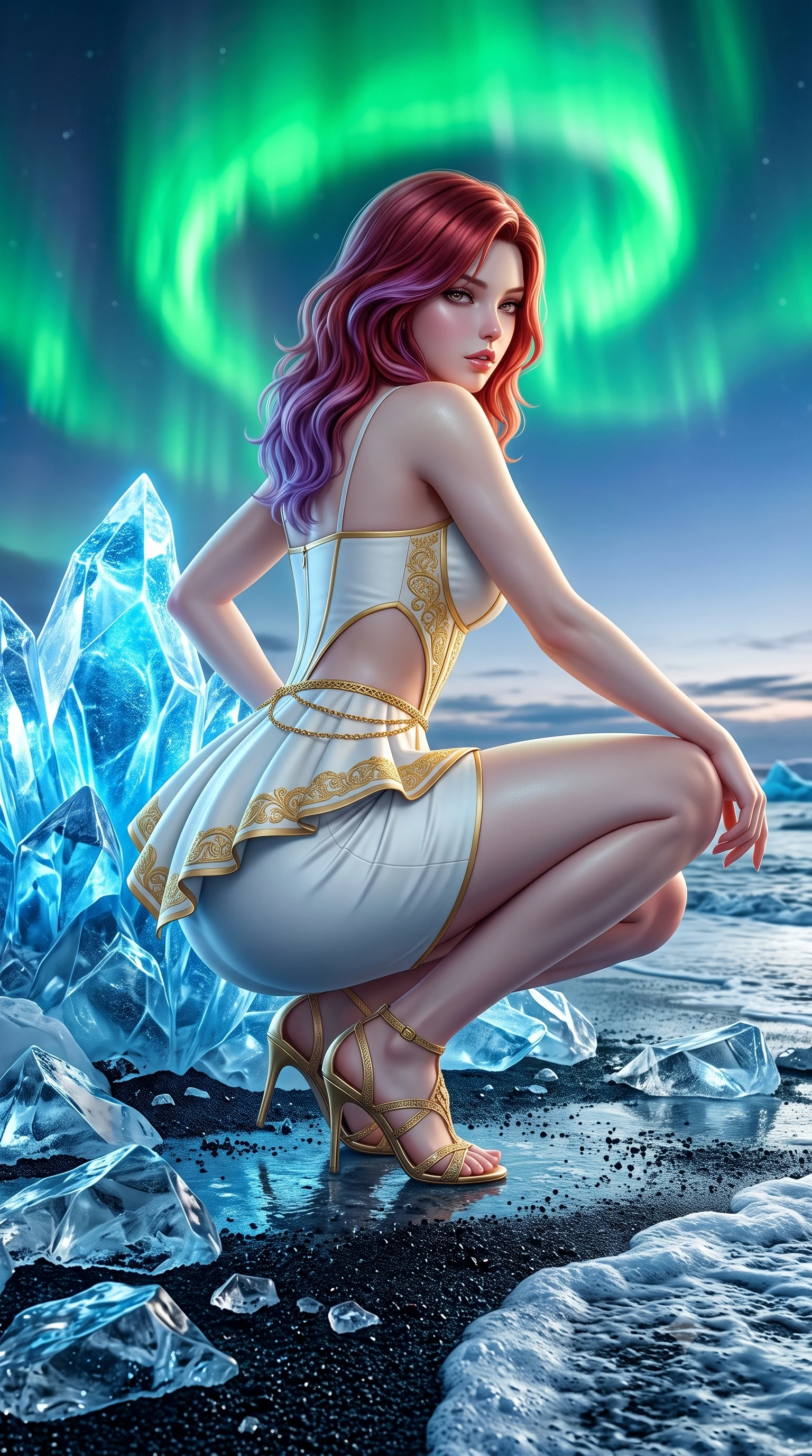 score_9, masterpiece, best quality, ultra-detailed, high-budget anime keyframe, semi-realistic 3D game render, editorial fashion photography, tasteful artistic composition, Caucasian woman. low angle full-body shot from head to toe showing her feet, filling the entire 9:16 vertical frame with her statuesque presence, stretching her vertical silhouette. striding forward in a proud supermodel runway stride, hips swaying in an alluring kinetic rhythm that accentuates her curvy hourglass silhouette while crouching low beside a glowing blue ice crystal, glancing back with smoldering bedroom-eyes as the polar aurora dances overhead. The surrounding environment is rendered in vivid detail and crisp panoramic clarity. sharp transparent glacial ice facets, jet-black volcanic sand grains, and sea foam texture in deep focus. She has an exceptionally tall and slender model-like 8.5-heads proportion, an ultra-slim waist, a flat toned midriff, narrow delicate ribcage, and beautifully sculpted feminine hips creating a graceful, slim hourglass silhouette without any bulky heaviness, with impossibly long slender legs. sharp v-shaped jawline, high-bridge nose, intricate jewel-like eyes with depth, thick eyelashes, glossy parted lips with a natural sheen, intensely captivating and seductive bedroom-eyes expression, flawlessly proportioned anatomical accuracy, strict slender model proportions, natural body alignment, perfectly sculpted long slender limbs, ultra-slim waistline, clean dynamic posture without body distortion. wearing a modern peplum corset dress with side-waist diamond cutouts and an ultra-tight silhouette in pure alabaster white and sun-kissed gold, made of fluid silk crepe with delicate inner corsetry boning, accented with a delicate gold chain belt resting loosely on her curvy hips, the form-contouring material adhering flawlessly to her sculpted flat midriff and slender torso, emphasizing her long leg lines and perfectly proportioned willowy build. bathed in vibrant emerald aurora backlighting from above and cool silver twilight sea reflections. highly saturated vibrant anime colors, detailed shading with soft gradients, rich glossy textures, high-contrast stereoscopic depth, volumetric dynamic lighting, master piece, 9:16 ratio