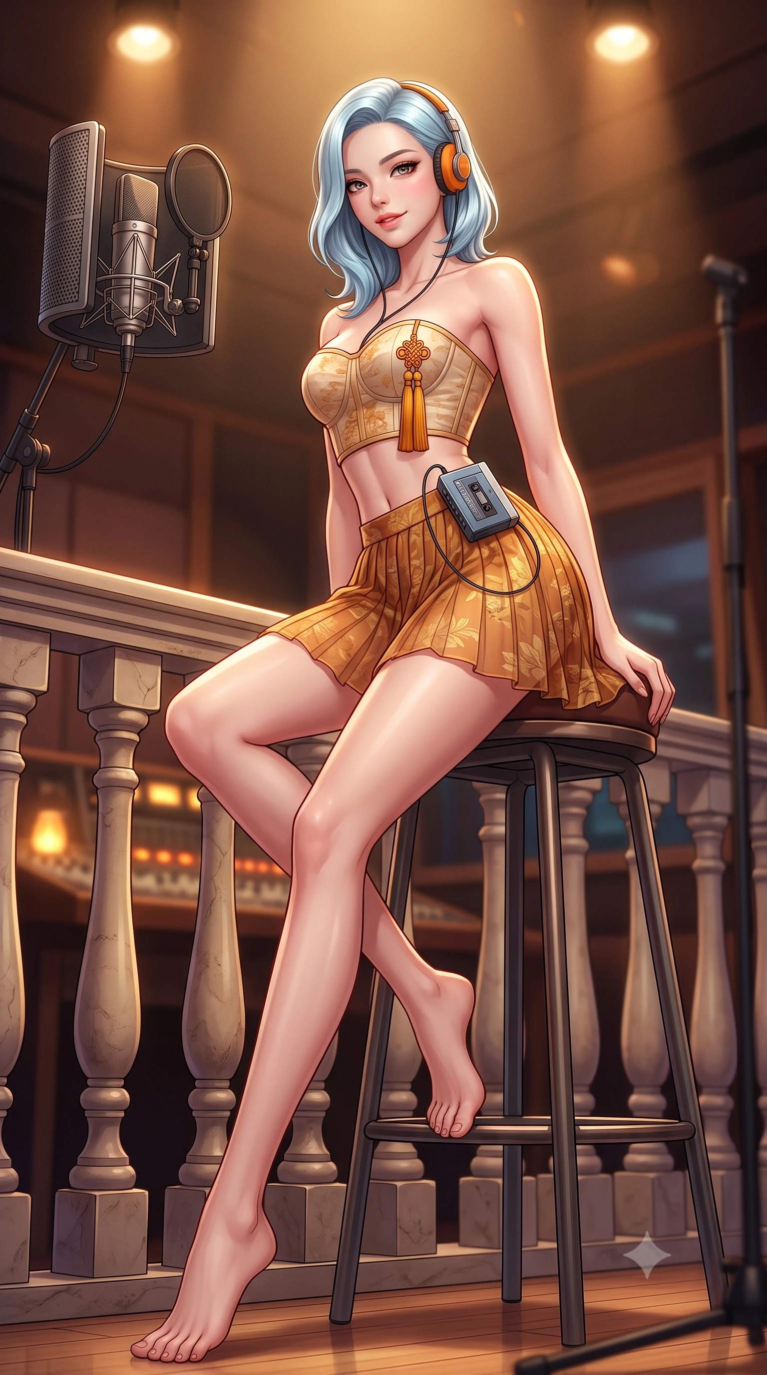 score_9, masterpiece, best quality, ultra-detailed, high-budget anime keyframe, semi-realistic 3D game render, editorial fashion photography, tasteful artistic composition, Korean woman. low angle full-body shot from head to toe showing her feet, filling the entire 9:16 vertical frame with her statuesque presence, stretching her vertical silhouette. leaning deep against the balcony balustrade with hips cocked back in an unapologetically alluring high-fashion stance, casting an intoxicating glance while sitting perched on the high studio stool with legs wrapped around the rung, headphones resting over one ear with a playful bedroom-smile. The background shows a soft-focus heavy studio microphone pop filters softened in intimate musical shallow focus. She has an absolutely perfect, statuesque 8.5-heads proportion, an exceptionally tall and slender model-like female figure with impossibly long slender legs, an ultra-slim waist, a flat toned midriff, narrow delicate ribcage, and beautifully sculpted feminine hips creating a graceful, slim hourglass silhouette without any bulky heaviness. sharp v-shaped jawline, high-bridge nose, sparkling eyes with hypnotic seductive depth, thick curled eyelashes, glossy parted lips with a natural dewy peach sheen, alluring bedroom-eyes with an enchanting coquettish smile, exuding magnetic siren charisma and sophisticated glamour, flawlessly proportioned anatomical accuracy, strict slender model proportions, natural body alignment, perfectly sculpted long slender limbs, ultra-slim waistline, clean dynamic posture without body distortion. wearing a modern strapless boned hanbok bustier with traditional norigae tassel accents paired with a micro-pleated silk mini skirt in warm amber honey and antique gold leaf, made of sheer gossamer chiffon that drapes softly against skin with airy translucence, complemented by a retro cassette walkman with vintage foam-padded orange headphones, the form-contouring silhouette accentuating her sculpted flat midriff, narrow delicate ribcage, and gracefully curvy hips with intoxicating allure. bathed in warm 3000K overhead spotlighting and glowing console indicator lamps. highly saturated vibrant anime colors, detailed shading with soft gradients, rich glossy textures, high-contrast stereoscopic depth, volumetric dynamic lighting, master piece, 9:16 ratio