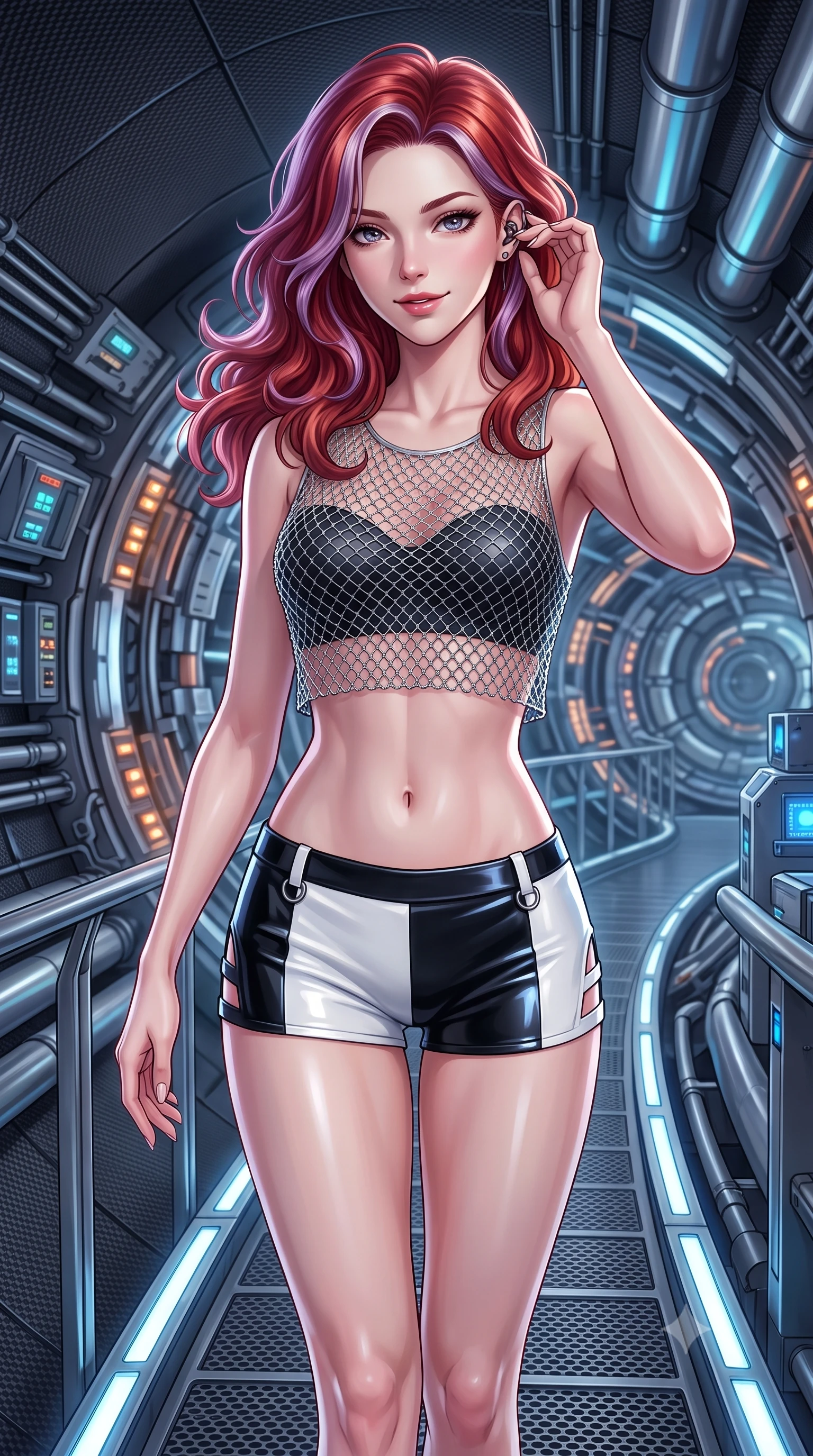score_9, masterpiece, best quality, ultra-detailed, high-budget anime keyframe, semi-realistic 3D game render, editorial fashion photography, tasteful artistic composition, Caucasian woman. close-up cowboy shot from the waist and thighs up, the character dominates the composition, filling the frame with her large presence. tilting her head with a captivating smile while arching her spine with dancer poise, one hand adjusting her ear comm-link in a flirtatious S-curve while walking slowly along the curving catwalk following the miles-long particle collider ring, arching her back with sovereign scientific charisma. The surrounding environment is rendered in vivid detail and crisp panoramic clarity: detailed carbon-fiber suit texture, Cherenkov blue specular highlights on armor, and particle physics tunnel architecture in high clarity. She has an exceptionally elegant, slender, and willowy female figure with an ultra-slim waist, flat toned midriff, narrow ribcage, and sculpted feminine hips creating an alluring, slim hourglass silhouette without bulk. sharp v-shaped jawline, high-bridge nose, intricate jewel-like sparkling eyes with depth, thick eyelashes, glossy parted lips with a natural sheen, bright confident smile with an enchanting and coquettish sensual glint, exuding both youthful magnetic charm and sovereign high-tech allure, flawlessly proportioned anatomical accuracy, strict slender model proportions, natural body alignment, perfectly sculpted long slender limbs, ultra-slim waistline, clean dynamic posture without body distortion. wearing a delicate silver chainmail mesh crop top layered over a sculpted matte black bandeau with low-rise combat shorts in dual-tone high-contrast monochrome black and stark white, made of smooth liquid latex with high-contrast stereoscopic depth and wet shine, finished with sharp laser-cut side ventilation slits framed by silver hardware rings, the precision-cut side openings and low-back scoop framing her graceful spine and the sensual sweep of her slim, toned hips. illuminated by instrument status LEDs and sharp platinum rim lights carving her razor-sharp jawline, narrow waist, and curvy hips. highly saturated vibrant anime colors, detailed shading with soft gradients, rich glossy textures, high-contrast stereoscopic depth, volumetric dynamic lighting, master piece, 9:16 ratio