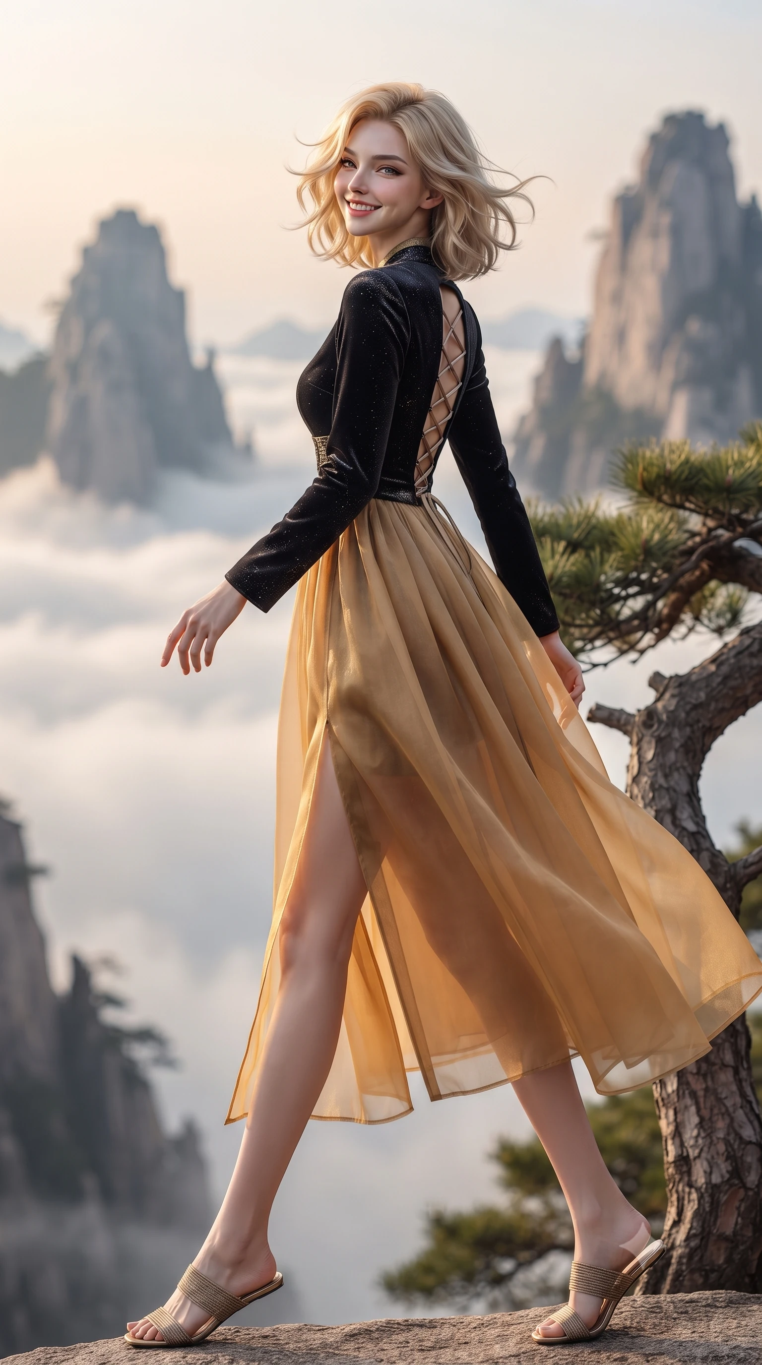 score_9, masterpiece, best quality, ultra-detailed, high-budget anime keyframe, editorial fashion photography, tasteful artistic composition, Caucasian woman. low angle full-body shot from head to toe showing her feet, filling the entire 9:16 vertical frame with her statuesque presence, stretching her vertical silhouette. stepping forward gracefully across the stone bridge in mid-motion with a radiant beaming smile, hips swaying in an alluring kinetic rhythm that accentuates her curvy hourglass silhouette and long slender legs while leaning against a gnarled ancient pine trunk with hips cocked back, looking over her shoulder with an alluring, wind-swept smile. The background shows a soft-focus towering jagged granite peaks piercing through endless rolling white cloud seas blurred into peach, ink-wash slate, and gold bokeh. She has an absolutely perfect, statuesque 8.5-heads proportion, an exceptionally tall and slender model-like female figure with impossibly long slender legs, an ultra-slim waist, a flat toned midriff, narrow delicate ribcage, and beautifully sculpted feminine hips creating a graceful, slim hourglass silhouette without any bulky heaviness. sharp v-shaped jawline, high-bridge nose, intricate jewel-like dark sparkling almond eyes with depth, thick lashes, glossy parted lips with a natural rose-plum sheen, bright alluring and coquettish smile with bedroom-eyes, exuding both timeless oriental elegance and sovereign high-fashion allure, flawlessly proportioned anatomical accuracy, strict slender model proportions, natural body alignment, perfectly sculpted long slender limbs, ultra-slim waistline, clean dynamic posture without body distortion. wearing a modern fusion hanbok dress with a structured velvet bodice and cascading sheer ombre organza skirt with front slit in antique saffron gold and ebony black, woven from metallic gold and silver thread casting subtle starlight glints, finished with criss-cross back satin laces tracing her slender spine, the high-waisted wrap tailoring accentuating her ultra-slim waistline and the enchanting curve of her feminine hips with alluring oriental charm. illuminated by white cloud bounce fill and sharp warm-gold rim lighting sculpting her razor-sharp jawline, narrow waist, and curvy hips. ultra-reflective glossy finish, specular highlights, rich textural contrasts, high-contrast stereoscopic depth, volumetric dynamic lighting, 2k, ultra detail, master piece, 9:16 ratio