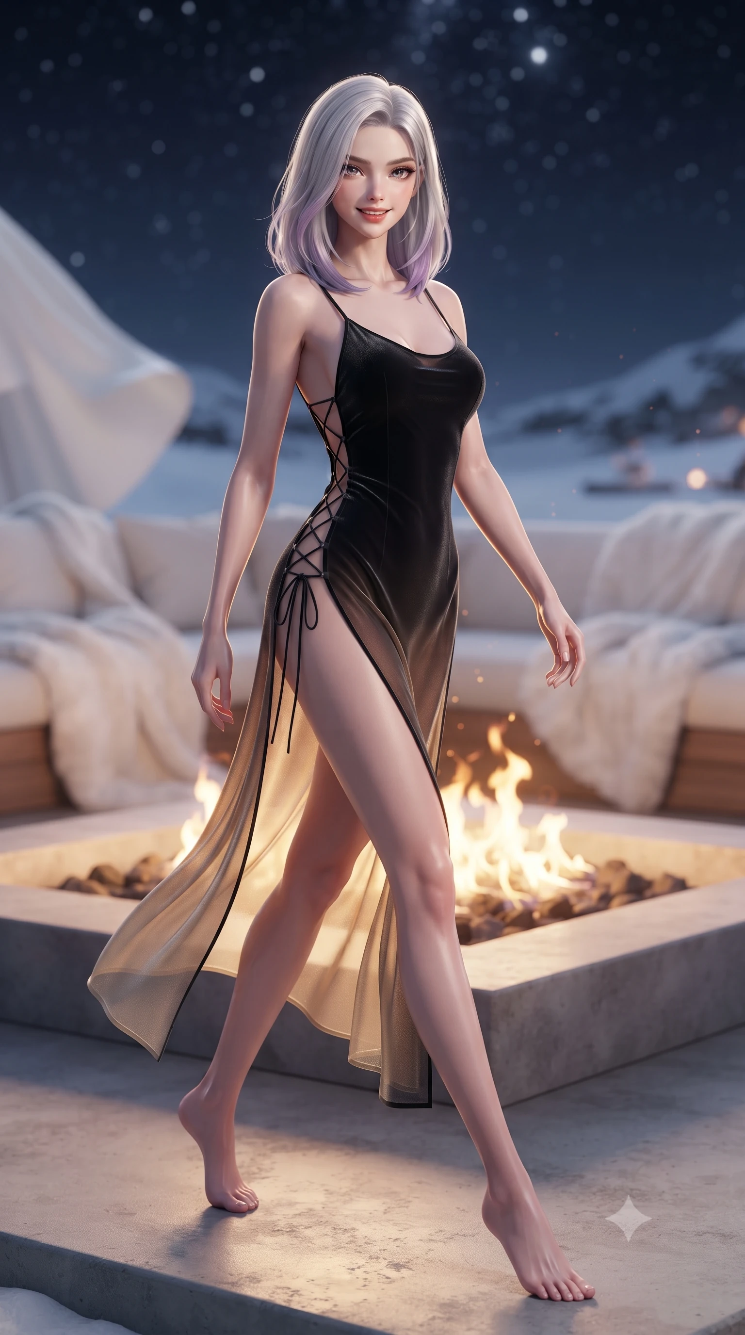 score_9, masterpiece, best quality, ultra-detailed, high-budget anime keyframe, editorial fashion photography, tasteful artistic composition, Caucasian woman. low angle full-body shot from head to toe showing her feet, filling the entire 9:16 vertical frame with her statuesque presence, stretching her vertical silhouette. stepping forward in a confident stride, her long slender legs and curvaceous hips creating a dynamic, sweeping vertical line while standing poised on the heated concrete patio beside the sunken beach fire pit, arching her lower back as sea breezes mold her sheer gown to her curves. The background shows a soft-focus billowing white outdoor throws softened in ultra-luxury polar beach camp shallow focus. She has an exceptionally tall and slender model-like 8.5-heads proportion, an ultra-slim waist, a flat toned midriff, narrow delicate ribcage, and beautifully sculpted feminine hips creating a graceful, slim hourglass silhouette without any bulky heaviness, with impossibly long slender legs. sharp v-shaped jawline, high-bridge nose, intricate jewel-like sparkling eyes with depth, thick eyelashes, glossy parted lips with a natural peach sheen, bright cheerful beaming smile with an enchanting and coquettish sensual glint, exuding both youthful cute charm and seductive allure, flawlessly proportioned anatomical accuracy, strict slender model proportions, natural body alignment, perfectly sculpted long slender limbs, ultra-slim waistline, clean dynamic posture without body distortion. wearing an alluring sheer gossamer slip dress with side lace-up corset ties revealing glimpses of her hip curve in deep midnight obsidian black and liquid champagne gold, tailored from ultra-plush silk velvet with rich tactile depth and deep shadow gradients, featuring fine criss-cross lace-up side ties revealing tantalizing glimpses of her hip curve, the precision-cut side openings and low-back scoop framing her graceful spine and the sensual sweep of her slim, toned hips. bathed in the warm dancing 2300K flames of the sunken fire pit contrasted with brilliant starlight and snow glow. ultra-reflective glossy finish, specular highlights, rich textural contrasts, high-contrast stereoscopic depth, volumetric dynamic lighting, 2k, ultra detail, master piece, 9:16 ratio