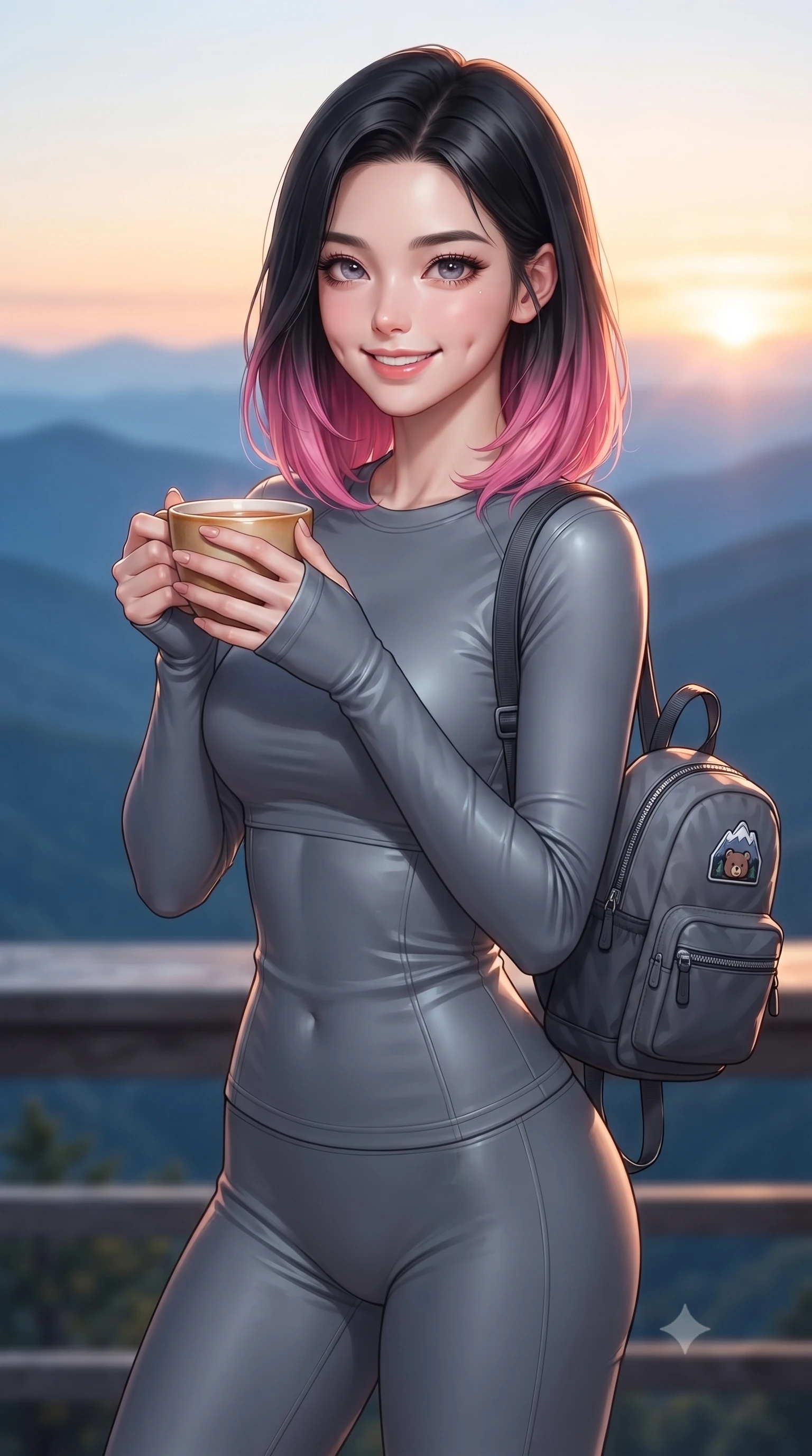 score_9, masterpiece, best quality, ultra-detailed, high-budget anime keyframe, editorial fashion photography, tasteful artistic composition, Korean woman. close-up cowboy shot from the waist and thighs up, the character dominates the composition, filling the frame with her large presence, background elements kept in soft focus. smiling with soft, cute dimples, holding a warm cup of tea with both hands set against a soft-focus background of on a scenic viewing platform overlooking distant blue mountain ridges carrying a small sporty backpack with a cute hiking badge. She has an exceptionally elegant, slender, and willowy female figure with an ultra-slim waist, a gracefully sculpted slender torso, and a refined silhouette. sharp v-shaped jawline, high-bridge nose, intricate jewel-like eyes with depth, thick eyelashes, glossy lips with a natural sheen. wearing form-contouring form-fitting activewear top in slate grey, outlining her slender torso. cool morning mountain air diffusing the bright orange sunrise glow. ultra-reflective glossy finish, specular highlights, metallic sheen, high-contrast stereoscopic depth, volumetric dynamic lighting, 2k, ultra detail, master piece, 9:16 ratio