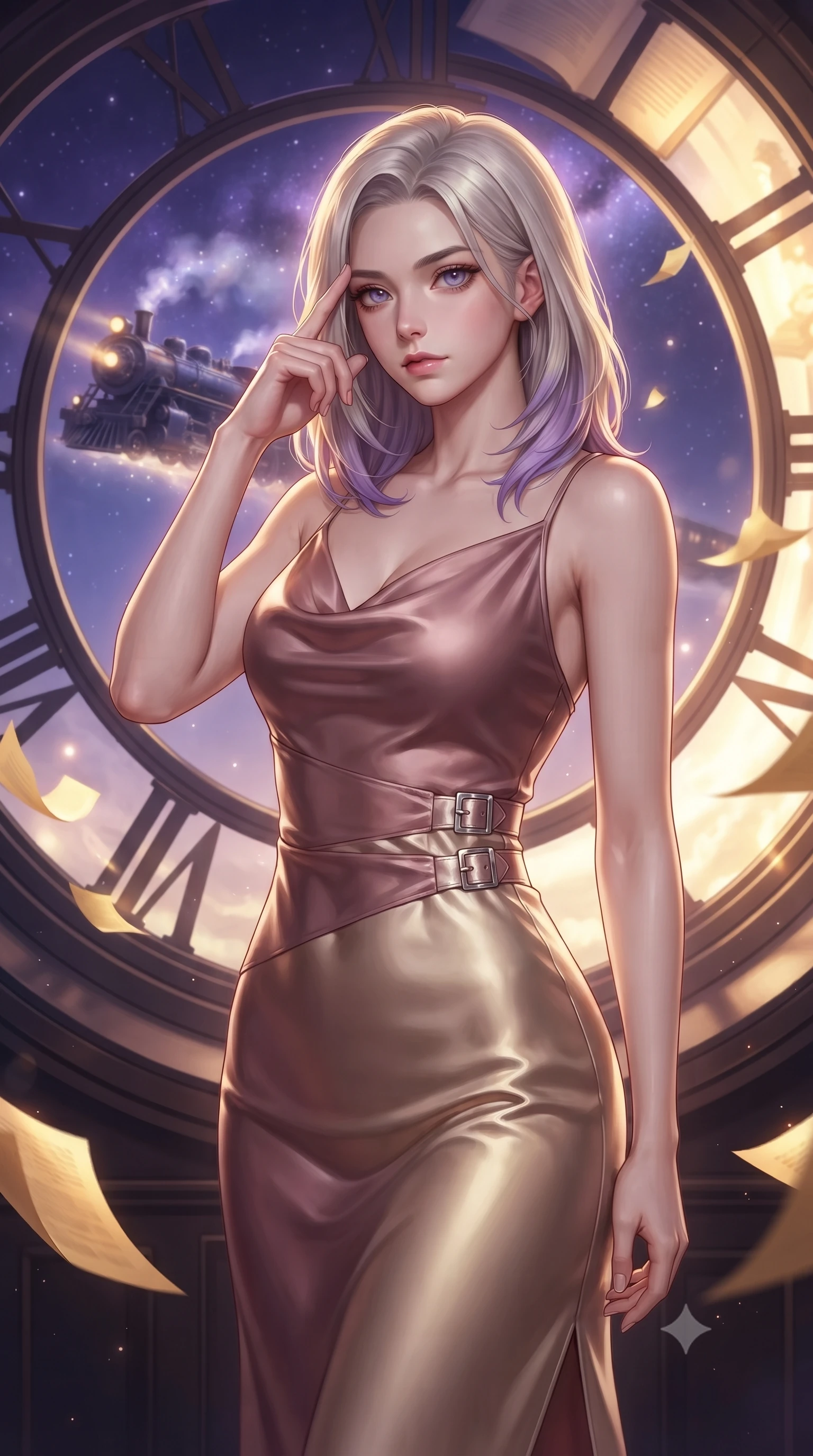 score_9, masterpiece, best quality, ultra-detailed, high-budget anime keyframe, editorial fashion photography, tasteful artistic composition, Caucasian woman. close-up cowboy shot from the waist and thighs up, the character dominates the composition, filling the frame with her large presence, background elements kept in soft focus. Pressing two fingers to her temple in a composed thoughtful gesture with an air of magnetic charisma gazing out a massive circular clock window at a twilight galaxy express train, golden paper pages fluttering gently around her in a magical breeze. She has an exceptionally elegant, slender, and willowy female figure with an ultra-slim waist, a gracefully sculpted slender torso, and a refined silhouette. sharp v-shaped jawline, high-bridge nose, intricate jewel-like eyes with depth, thick eyelashes, glossy lips with a natural sheen. wearing an elegant cowl-neck satin midi dress with a draped neckline in dusty rose and champagne gold, made of premium stretch velvet with a rich sheen, detailed with polished silver buckles along the waistline, the form-contouring material highlighting her ultra-slim waist and long lines. lit by a contrast of deep violet sky and radiant golden mechanical light. ultra-reflective glossy finish, specular highlights, metallic sheen, high-contrast stereoscopic depth, volumetric dynamic lighting, 2k, ultra detail, master piece, 9:16 ratio