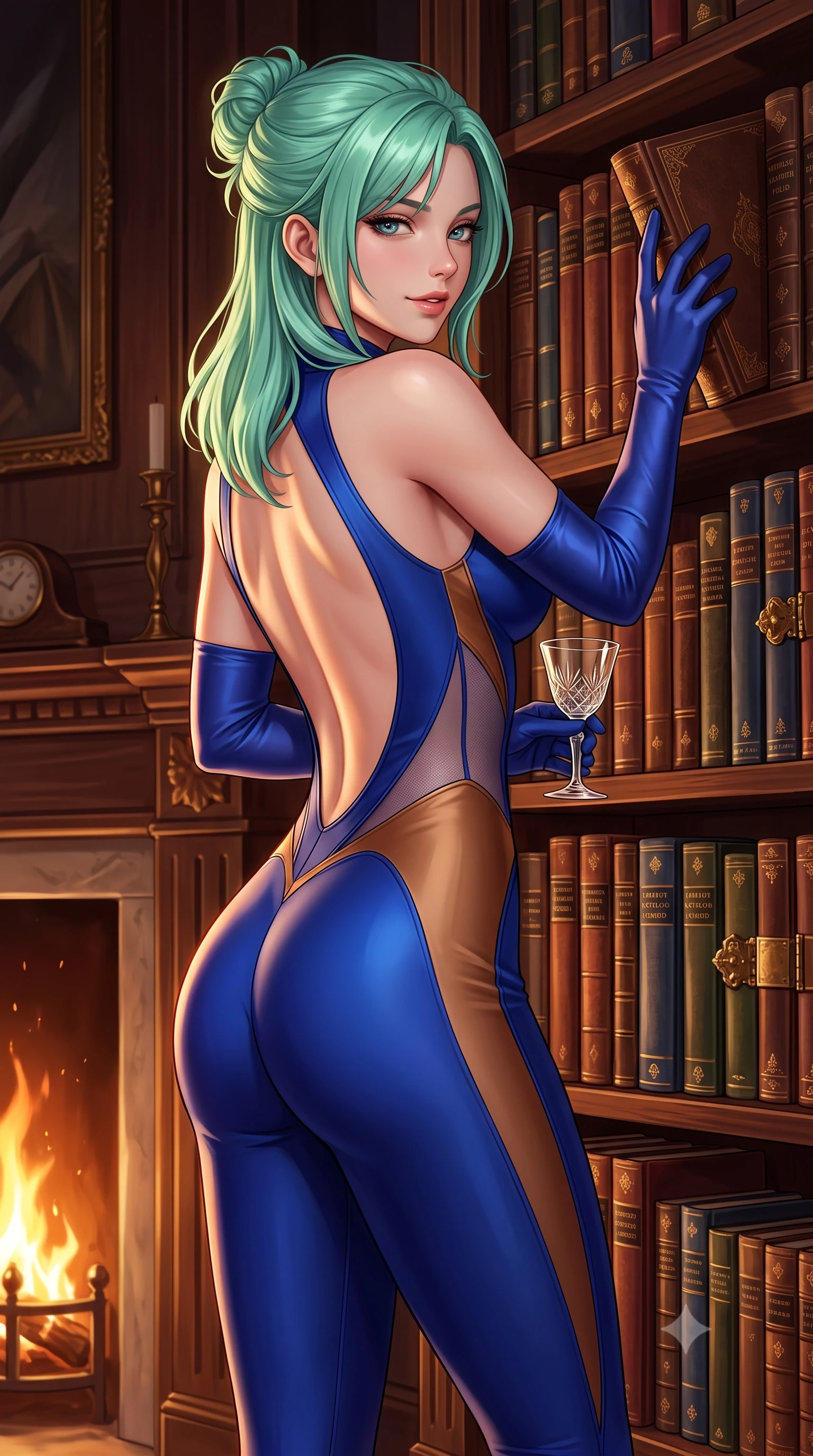 score_9, masterpiece, best quality, ultra-detailed, high-budget anime keyframe, semi-realistic 3D game render, editorial fashion photography, tasteful artistic composition, Japanese woman. close-up cowboy shot from the waist and thighs up, the character dominates the composition, filling the frame with her large presence. turning over a bare shoulder with an intoxicating, teasing smile, her soft hair framing her sharp jawline as her hips angle gracefully while stretching her slender torso in an alluring dancer curve while reaching for an antique leather folio on the high bookshelf. The surrounding environment is rendered in vivid detail and crisp panoramic clarity. detailed velvet dress pile, brass book clasps, and library catalog card clarity in high resolution. She has an exceptionally elegant, slender, and willowy female figure with an ultra-slim waist, flat toned midriff, narrow ribcage, and sculpted feminine hips creating an alluring, slim hourglass silhouette without bulk. sharp v-shaped jawline, high-bridge nose, intricate jewel-like eyes with depth, thick eyelashes, glossy parted lips with a natural sheen, intensely captivating and seductive bedroom-eyes expression, flawlessly proportioned anatomical accuracy, strict slender model proportions, natural body alignment, perfectly sculpted long slender limbs, ultra-slim waistline, clean dynamic posture without body distortion. wearing a second-skin compression catsuit with an open back and sheer mesh side waist contouring in royal sapphire blue and liquid bronze, made of fluid silk crepe with delicate inner corsetry boning, accessorized with opera-length satin gloves and a vintage crystal glass, the second-skin form-contouring cut accentuating her sculpted flat midriff, narrow delicate ribcage, and gracefully curvy hips with supermodel precision. illuminated by rich directional firelight sculpting every feminine curve of her slender silhouette. highly saturated vibrant anime colors, detailed shading with soft gradients, rich glossy textures, high-contrast stereoscopic depth, volumetric dynamic lighting, master piece, 9:16 ratio