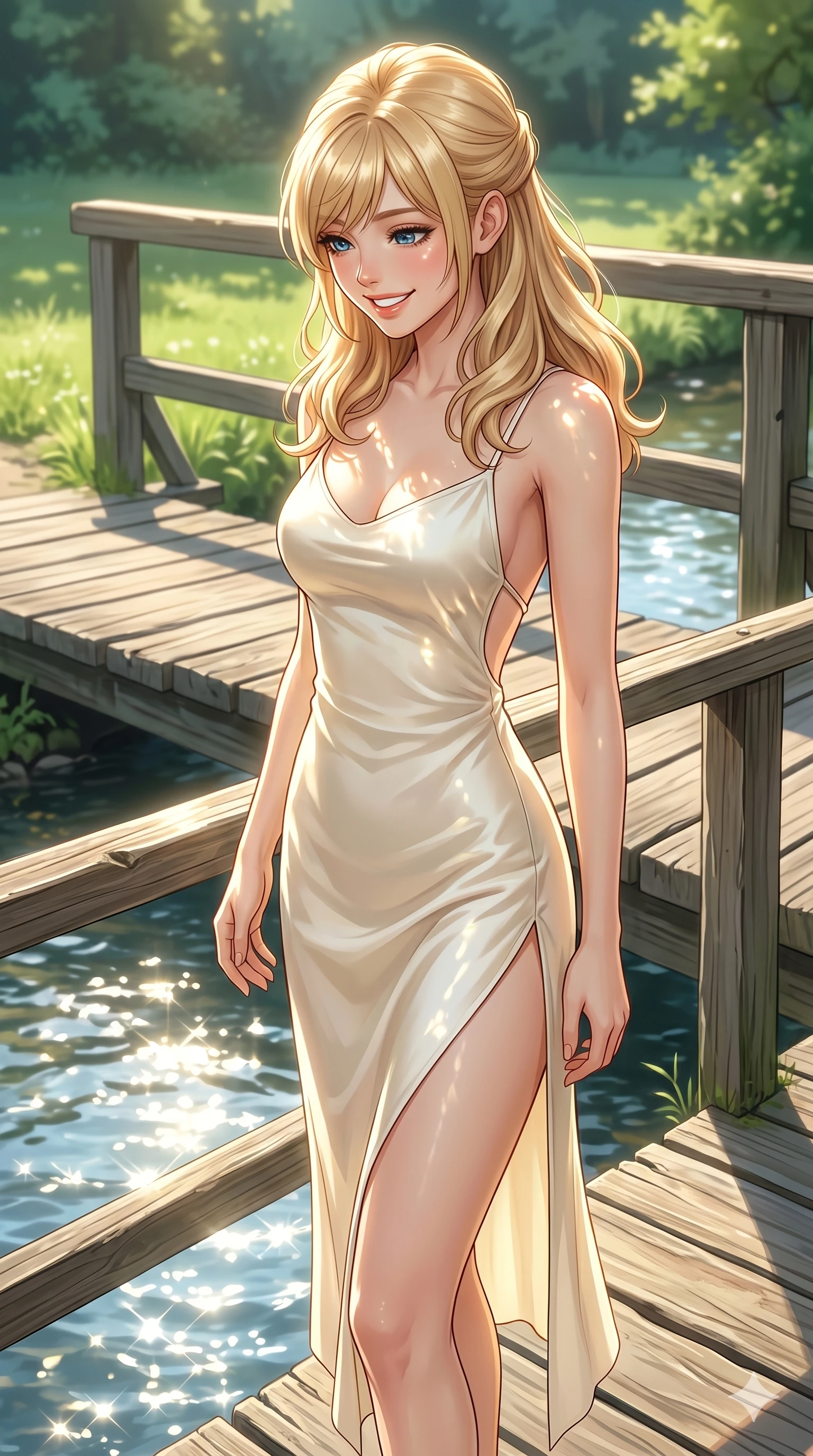 score_9, masterpiece, best quality, ultra-detailed, high-budget anime keyframe, editorial fashion photography, tasteful artistic composition, Caucasian woman, strictly human ears. cowboy shot from the thighs up, character and outfit filling the frame for maximum editorial presence. looking down at the sparkling water with a bright, happy smile, her eyes full of warmth on a wooden bridge crossing a small stream in a sunny country park. She has an absolutely perfect 8-heads proportion, an exceptionally tall and slender female figure with impossibly long slender legs and an ultra-slim waist. V-shaped jawline, high-bridge nose, intricate jewel-like eyes with depth, thick eyelashes, glossy lips with a natural sheen. wearing a soft cream silk slip dress with an open-back design and a high side slit. drenched in morning sunlight reflecting off the water, casting glittering highlights on her face. 2k, ultra detail, master piece, 9:16 ratio