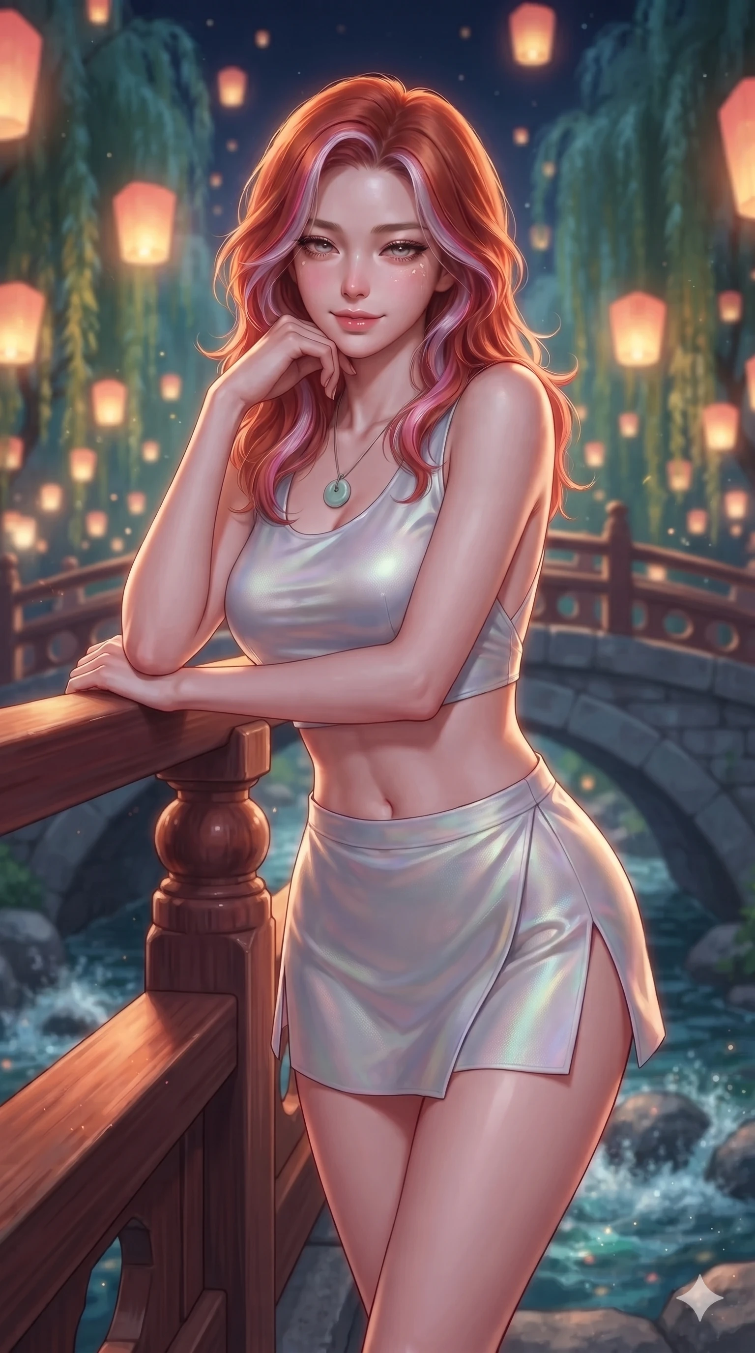 score_9, masterpiece, best quality, ultra-detailed, high-budget anime keyframe, editorial fashion photography, tasteful artistic composition, Caucasian woman. close-up cowboy shot from the waist and thighs up, the character dominates the composition, filling the frame with her large presence. resting one elbow on the lacquered balustrade and supporting her chin, leaning close to the camera with heavy-lidded sparkling eyes and parted lips while standing poised on the arched granite bridge above the bubbling stream, arching her back with breathless fairy-tale allure. The background shows a soft-focus floating paper lantern lights on the stream and weeping willows blurred into coral, gold, and aquamarine bokeh. She has an exceptionally elegant, slender, and willowy female figure with an ultra-slim waist, flat toned midriff, narrow ribcage, and sculpted feminine hips creating an alluring, slim hourglass silhouette without bulk. sharp v-shaped jawline, high-bridge nose, sparkling eyes with hypnotic seductive depth, thick curled eyelashes, glossy parted lips with a natural dewy peach sheen, alluring bedroom-eyes with an enchanting coquettish smile, exuding magnetic siren charisma and sophisticated glamour, flawlessly proportioned anatomical accuracy, strict slender model proportions, natural body alignment, perfectly sculpted long slender limbs, ultra-slim waistline, clean dynamic posture without body distortion. wearing a liquid-look silk satin jeogori crop top with low-back scoop paired with high-slit wrap mini shorts in iridescent mother-of-pearl and misty lavender, tailored from smooth liquid silk satin with a natural dewy moonlight sheen, finished with a minimalist celadon porcelain pendant on a fine silk cord, the form-contouring silhouette accentuating her sculpted flat midriff, narrow delicate ribcage, and gracefully curvy hips with intoxicating allure. illuminated by stream water bounce and sharp golden-amber rim lights sculpting her razor-sharp jawline, narrow waist, and curvy hips. ultra-reflective glossy finish, specular highlights, rich textural contrasts, high-contrast stereoscopic depth, volumetric dynamic lighting, 2k, ultra detail, master piece, 9:16 ratio