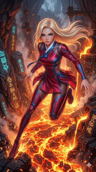 score_9, masterpiece, best quality, ultra-detailed, photorealistic 8k CG, hyper-detailed textures, ray-tracing, Caucasian (strictly human ears) woman. Extreme high angle shot as she leaps towards the camera, filling the frame. leaping over a river of