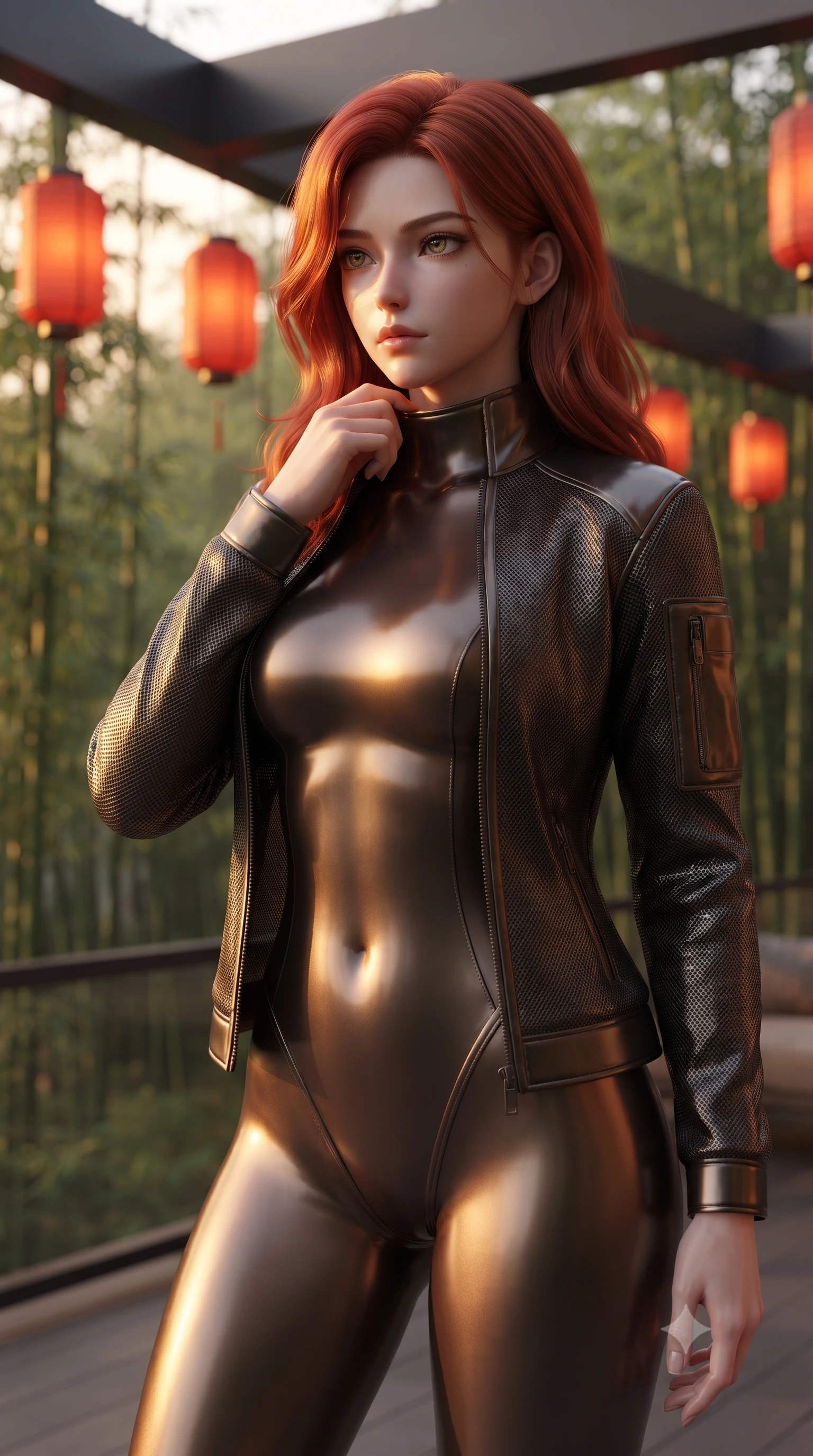 score_9, masterpiece, best quality, ultra-detailed, high-budget anime keyframe, editorial fashion photography, tasteful artistic composition, Caucasian woman. close-up cowboy shot from the waist and thighs up, the character dominates the composition, filling the frame with her large presence, background elements kept in soft focus. adjusting the high collar of her body-hugging suit, looking past the camera with quiet, sharp focus and a composed expression, the background shows a soft-focus a bamboo forest balcony with red lanterns hanging from carbon beams. She has an exceptionally elegant, slender, and willowy female figure with an ultra-slim waist, a gracefully sculpted slender torso, and a refined silhouette. sharp v-shaped jawline, high-bridge nose, intricate jewel-like eyes with depth, thick eyelashes, glossy lips with a natural sheen. wearing a slim-fit form-fitting high-neck bodysuit in dark bronze, worn under a tailored open carbon-mesh tactical jacket. warm sunset light casting a peaceful, cozy orange wash on her figure. ultra-reflective glossy finish, specular highlights, metallic sheen, high-contrast stereoscopic depth, volumetric dynamic lighting, 2k, ultra detail, master piece, 9:16 ratio