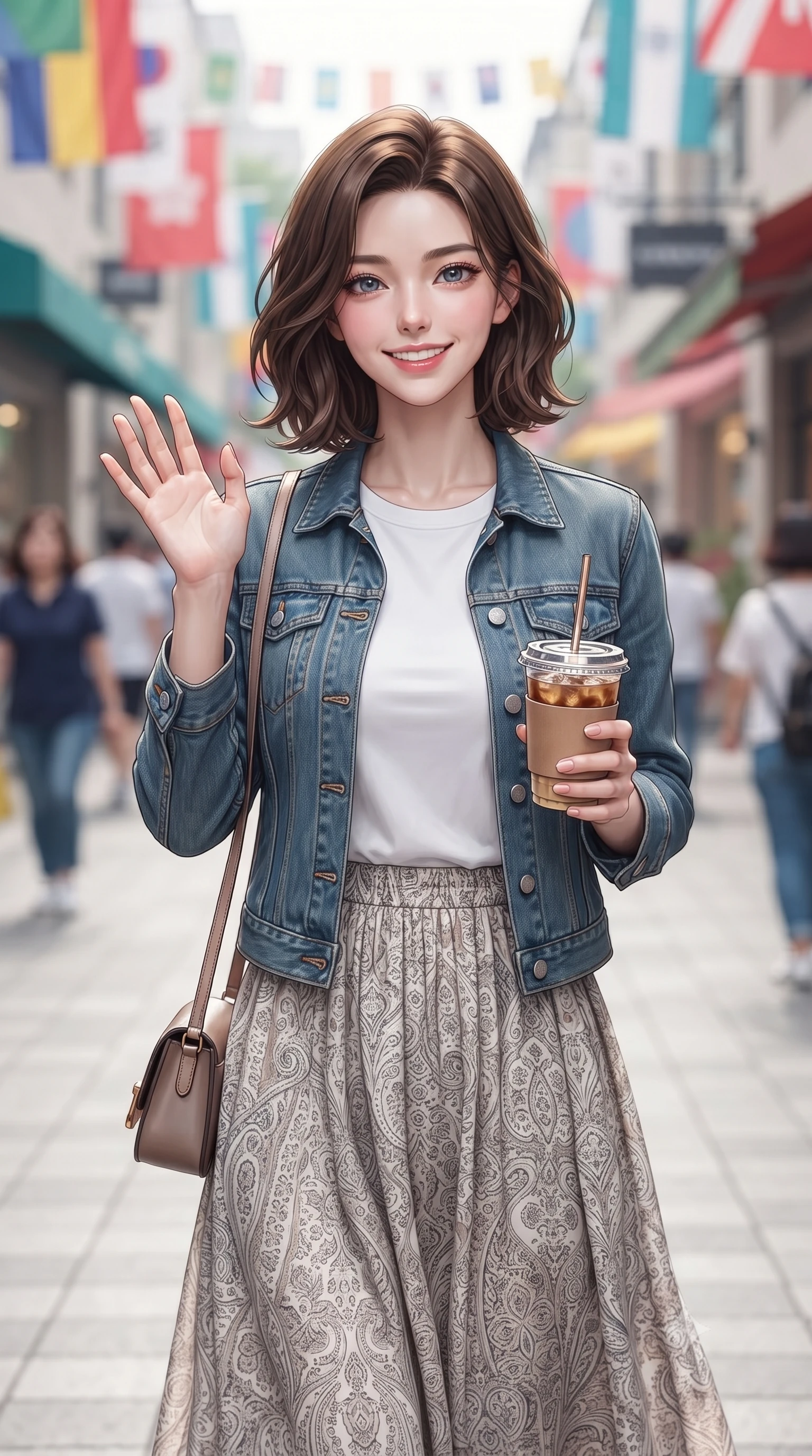 score_9, masterpiece, best quality, ultra-detailed, high-budget anime keyframe, editorial fashion photography, tasteful artistic composition, Korean woman. close-up cowboy shot from the waist and thighs up, the character dominates the composition, filling the frame with her large presence, background elements kept in soft focus. flashing a sweet, beaming smile while waving one hand gently toward the camera set against a soft-focus background of walking down a pedestrian shopping boulevard with colorful flags overhead holding a trendy paper cup of iced coffee and a small leather purse. She has an exceptionally elegant, slender, and willowy female figure with an ultra-slim waist, a gracefully sculpted slender torso, and a refined silhouette. sharp v-shaped jawline, high-bridge nose, intricate jewel-like eyes with depth, thick eyelashes, glossy lips with a natural sheen. wearing body-hugging casual denim jacket worn over a simple white tee and a long cotton skirt. cool midday daylight creating a clean, high-key editorial look in the plaza. ultra-reflective glossy finish, specular highlights, metallic sheen, high-contrast stereoscopic depth, volumetric dynamic lighting, 2k, ultra detail, master piece, 9:16 ratio