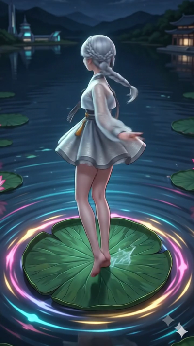 An 8-second cinematic video of a graceful figure in a flowing, opaque white silk traditional Hanbok, performing a slow and elegant dance on a large lotus leaf. The scene is a peaceful pond at midnight. Soft golden and blue light glows from the water'